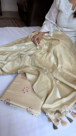 French soft ivory moonga silk meenedar jaal suit set