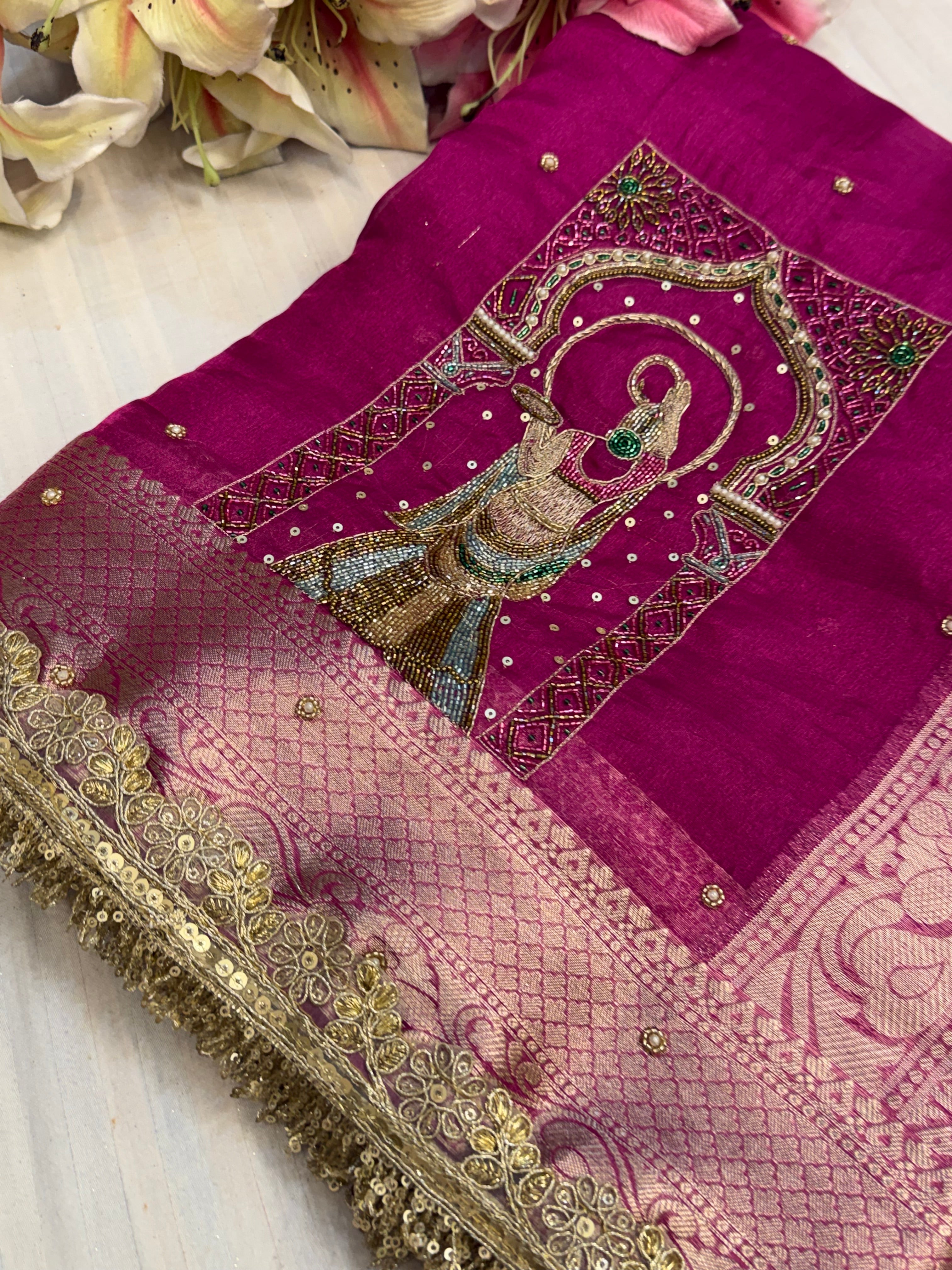Karwachauth special - Hot metallic pink tissue silk hand embroidered kadhwa saree
