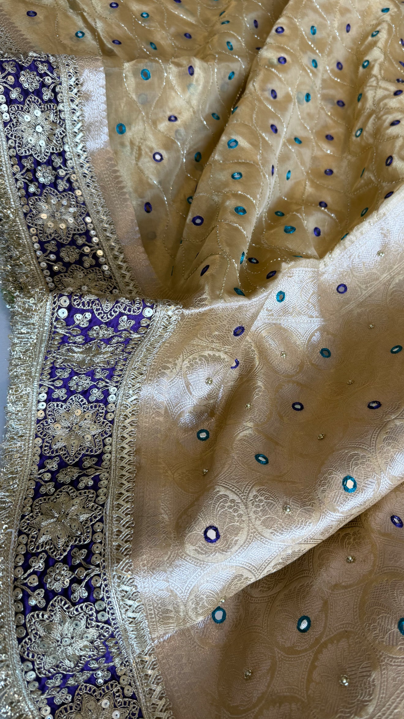 Sheesham edit - Heavy double tissue silk mirror work hand embroidered saree