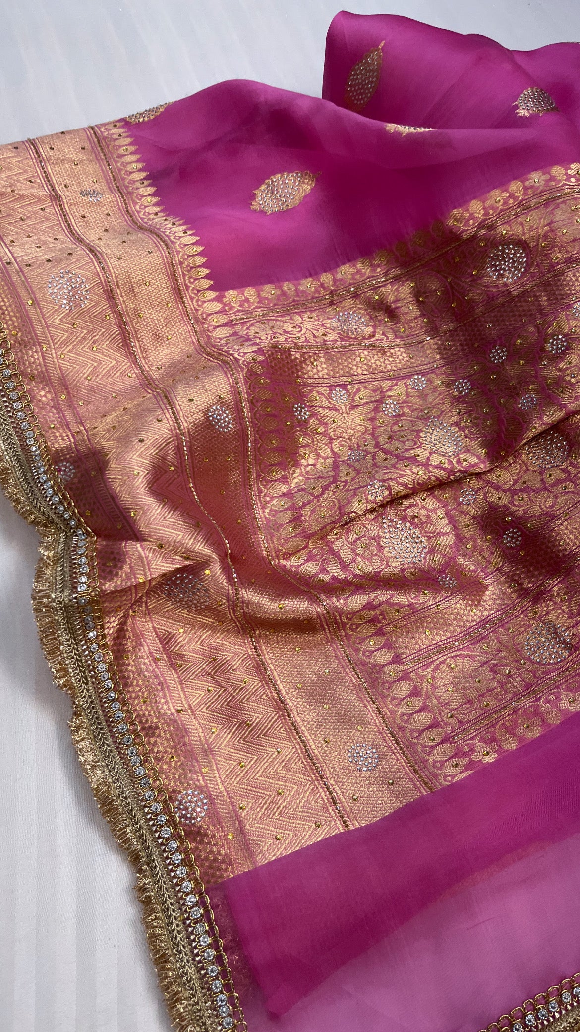 Cherry pink sitara kora silk stonework saree