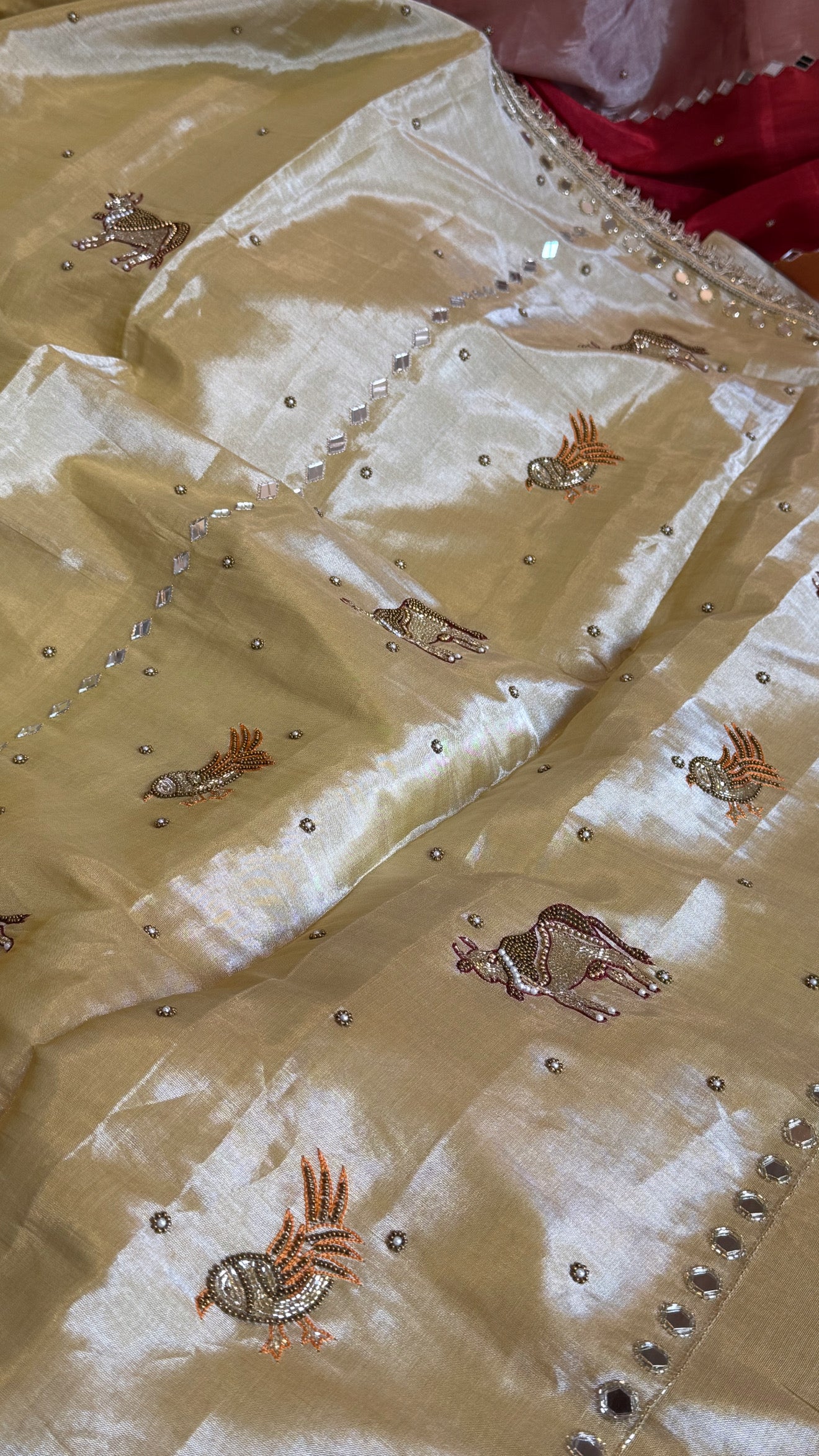 Satin tissue silk ivory gold hand embroidered kadhwa saree