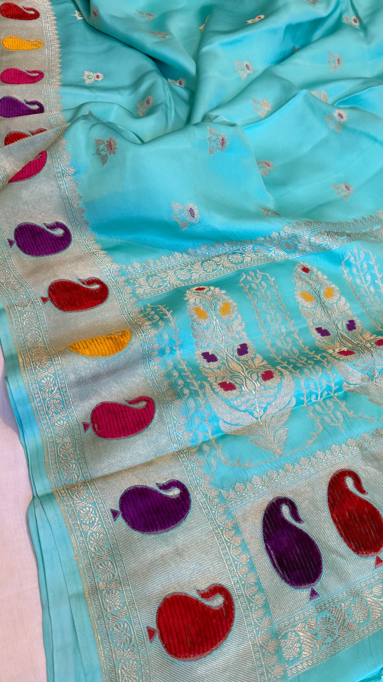 Sky blush blue banarasi mashru silk velvet buti kadhwa weaving saree