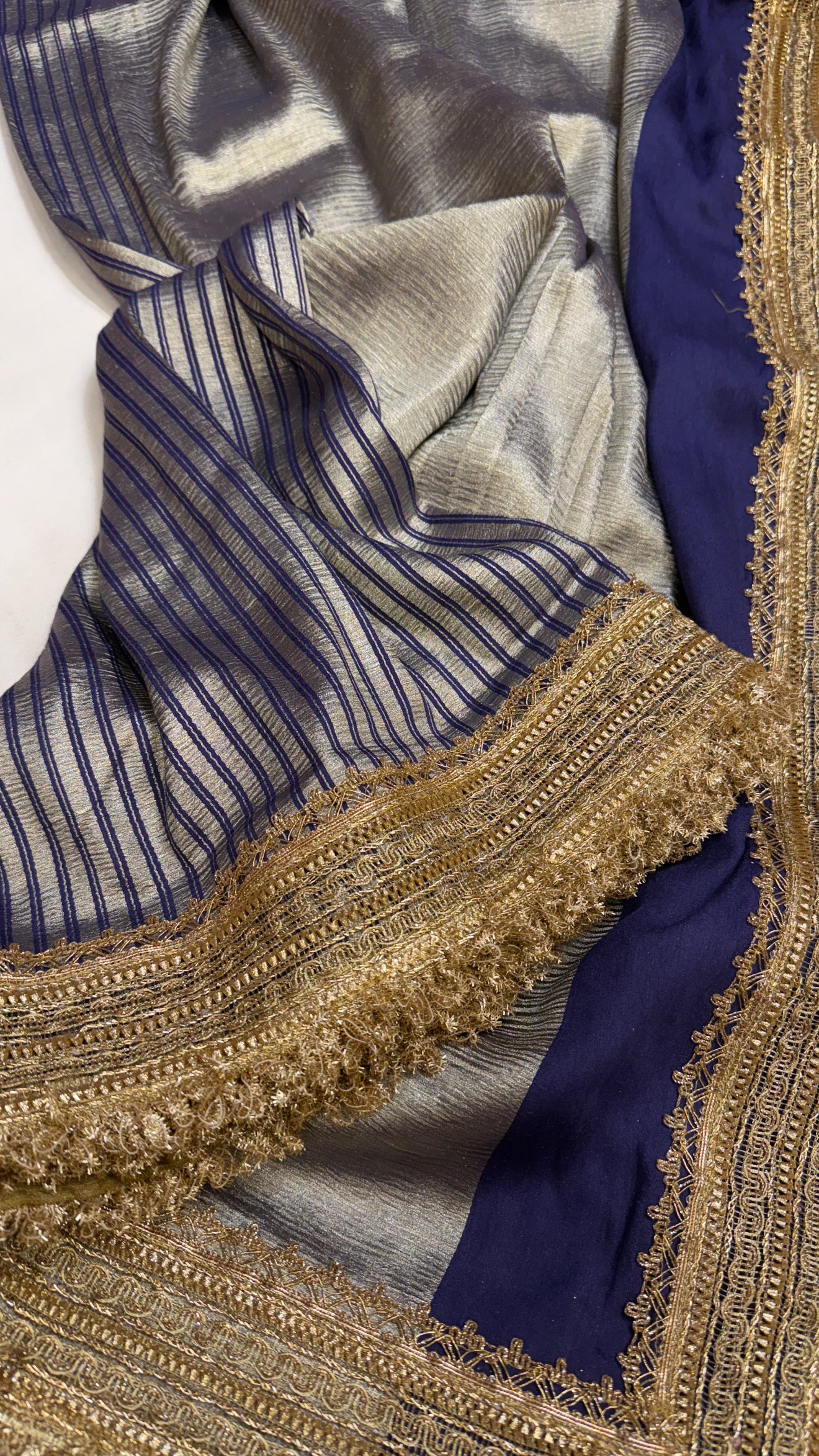 Moonga crushed tissue silk navy blue saree