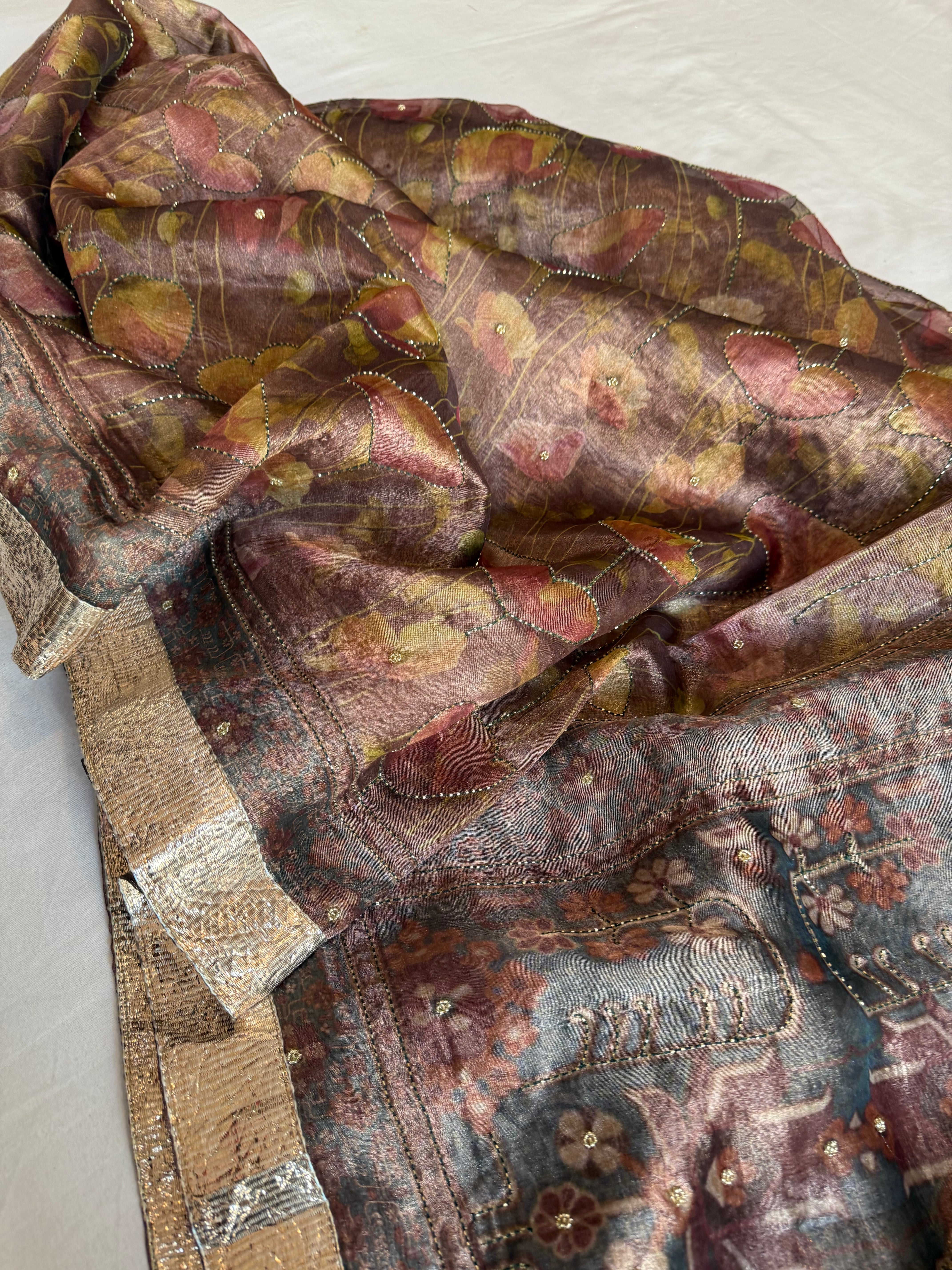 Printed tissue silk hand embroidered gotapatti kadhwa sarees