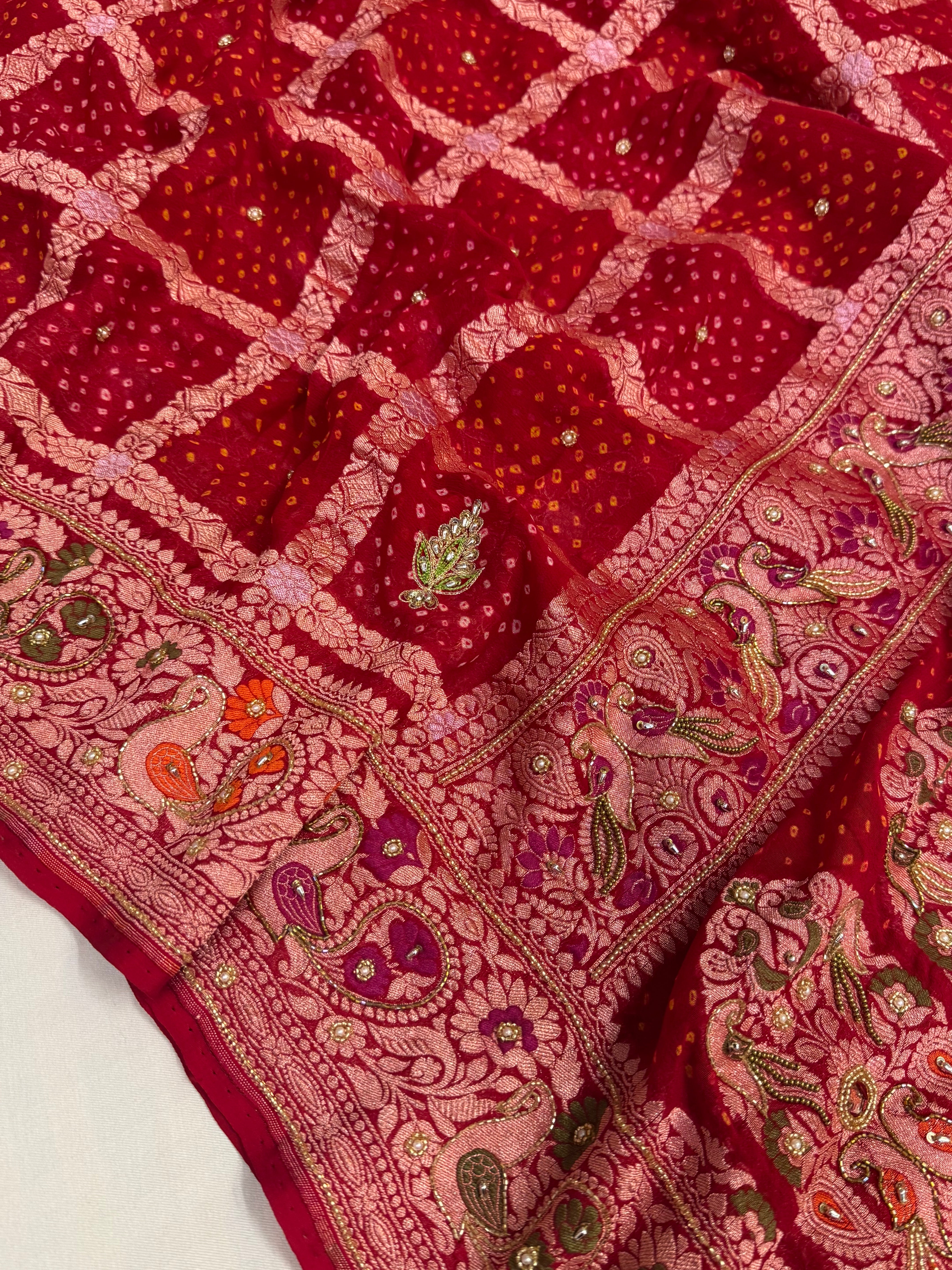 Red banarasi chiffon gorgette kadhwa hand embroidered gharchola weaving saree