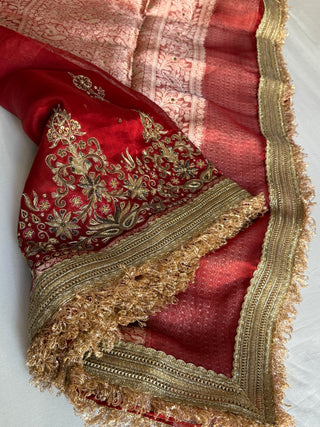 Mughal motif inspired- Tomato red dhup chao effect husn tissue silk hand embroidered saree