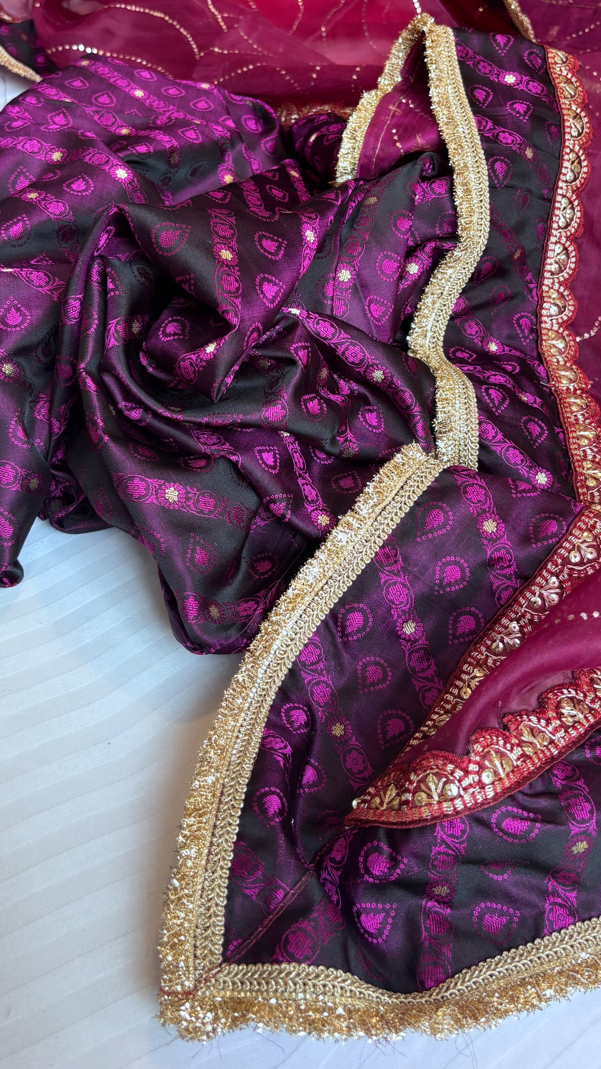 Falsa wine mashru tanchoi silk suit set with kora silk mukaish badla duppata set