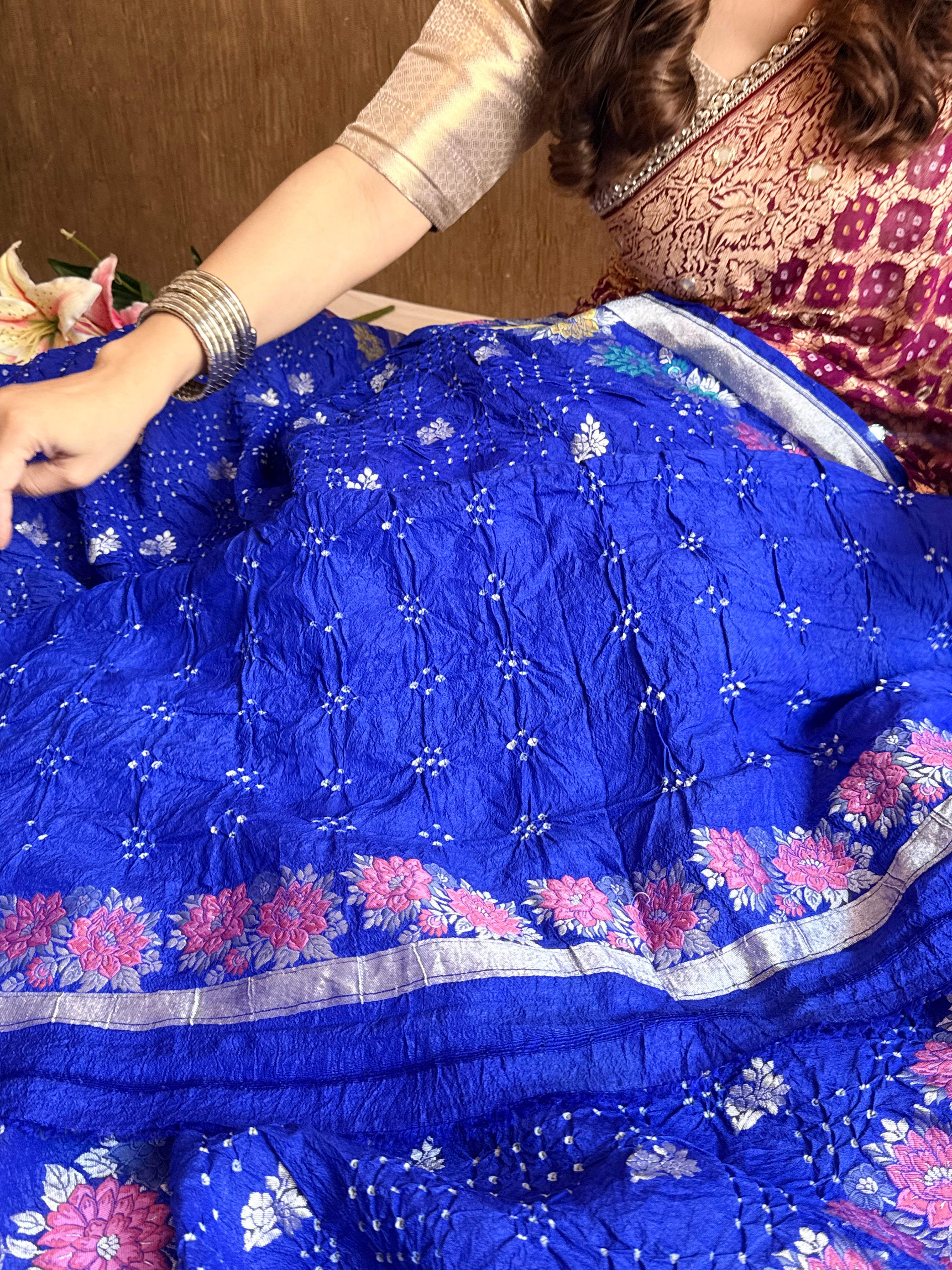 Banarasi tussar silk rai bandhej ink blue meenakari kadhwa saree