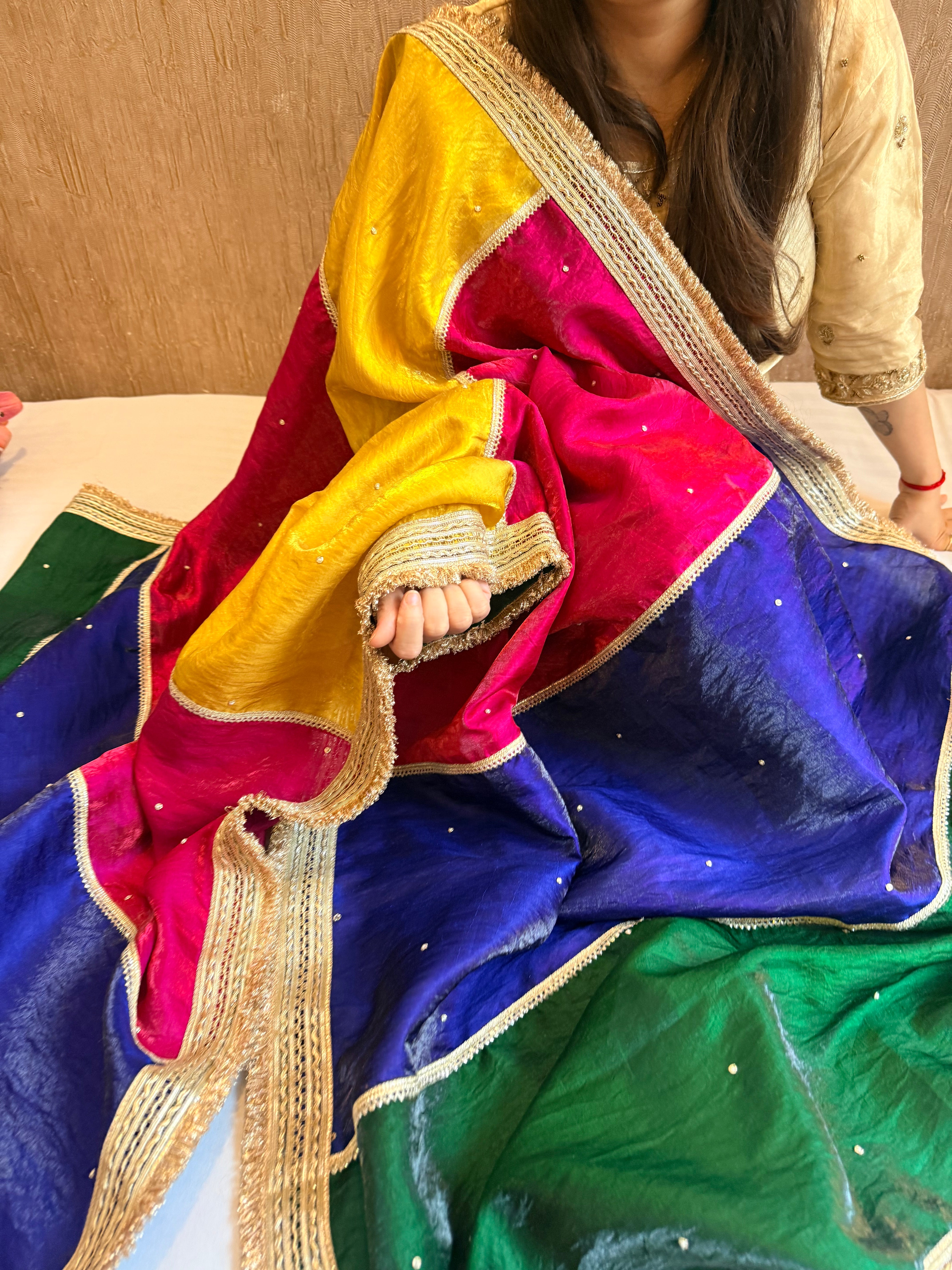 Pakistani tukdi multicolour satin tissue hand embroidered kadhwa duppata