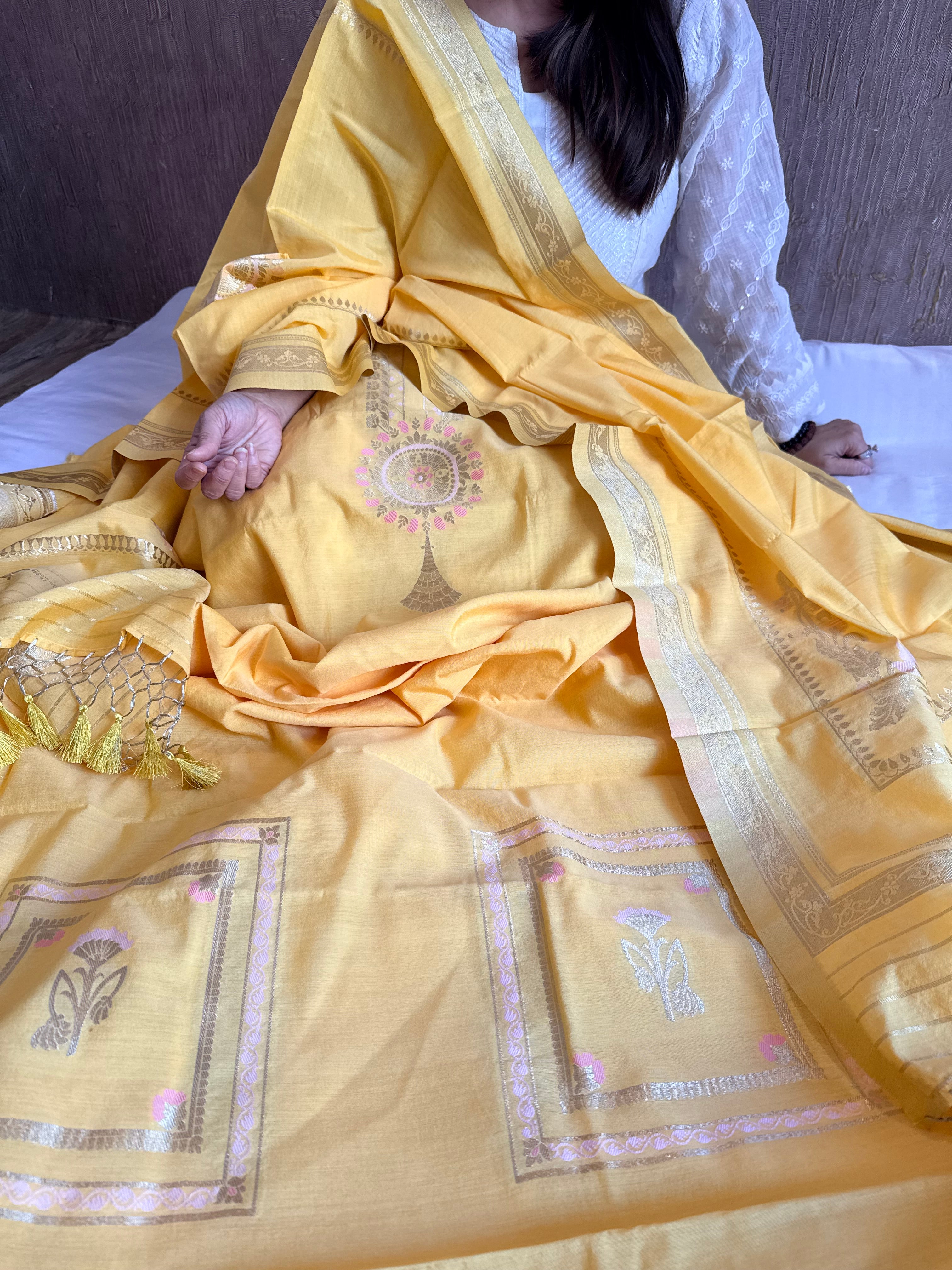 Below 10k - Mughal design inspired cotton silk banarasi suit set