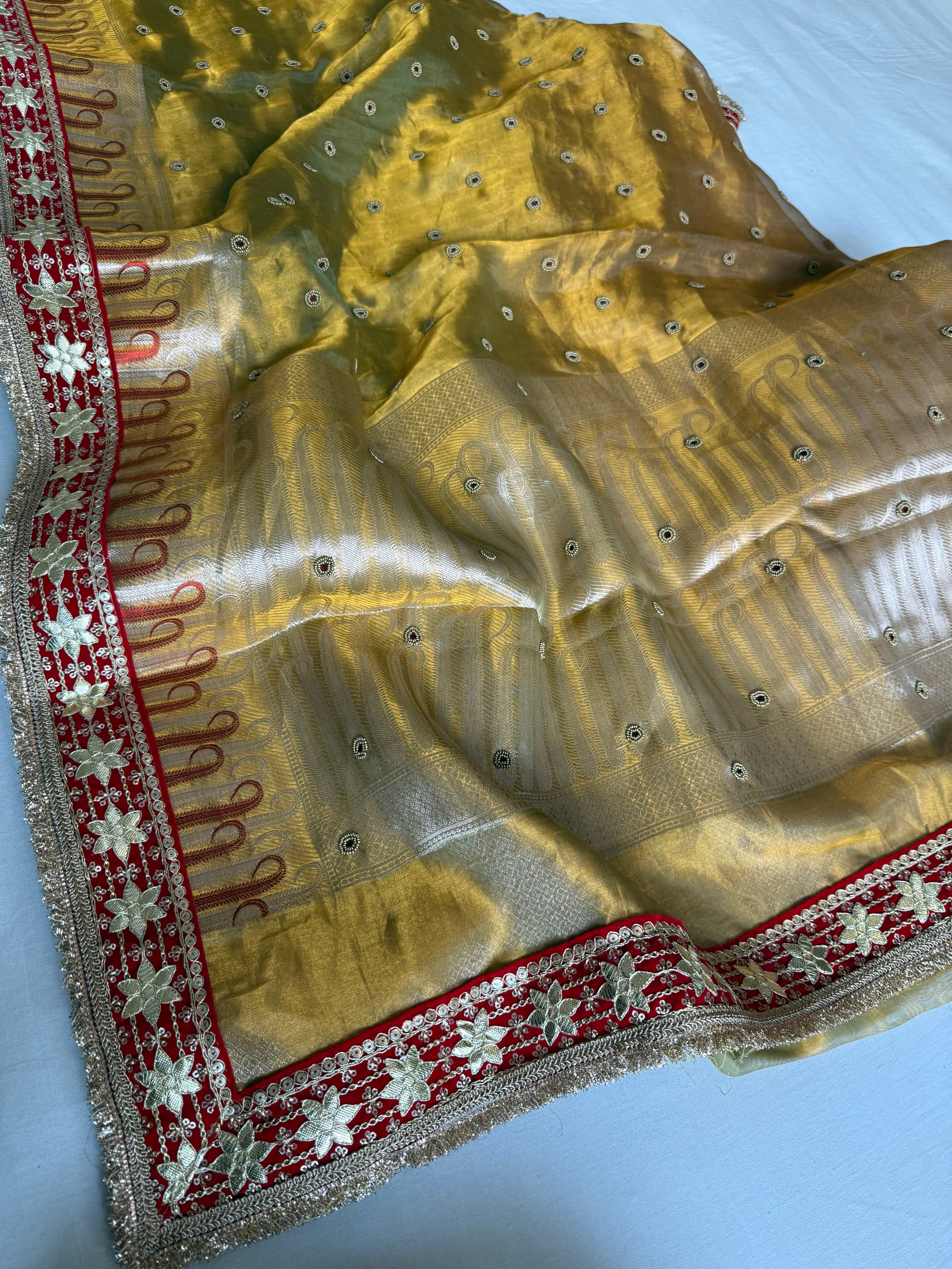 Kanjivaram gold tissue silk red meenakari hand embroidered kadhwa saree