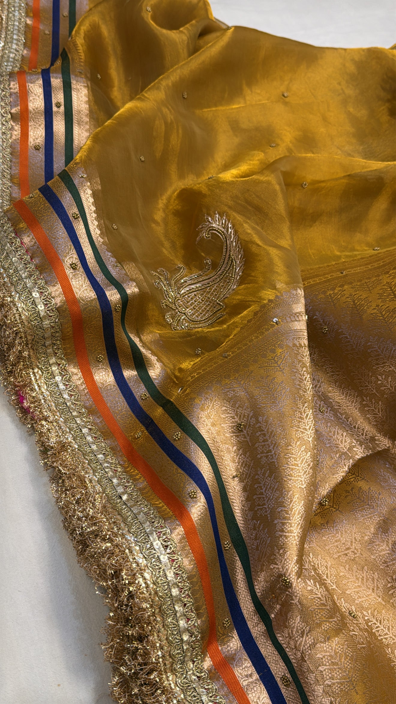 Haldi golden husn tissue silk heavy hand embroidered saree