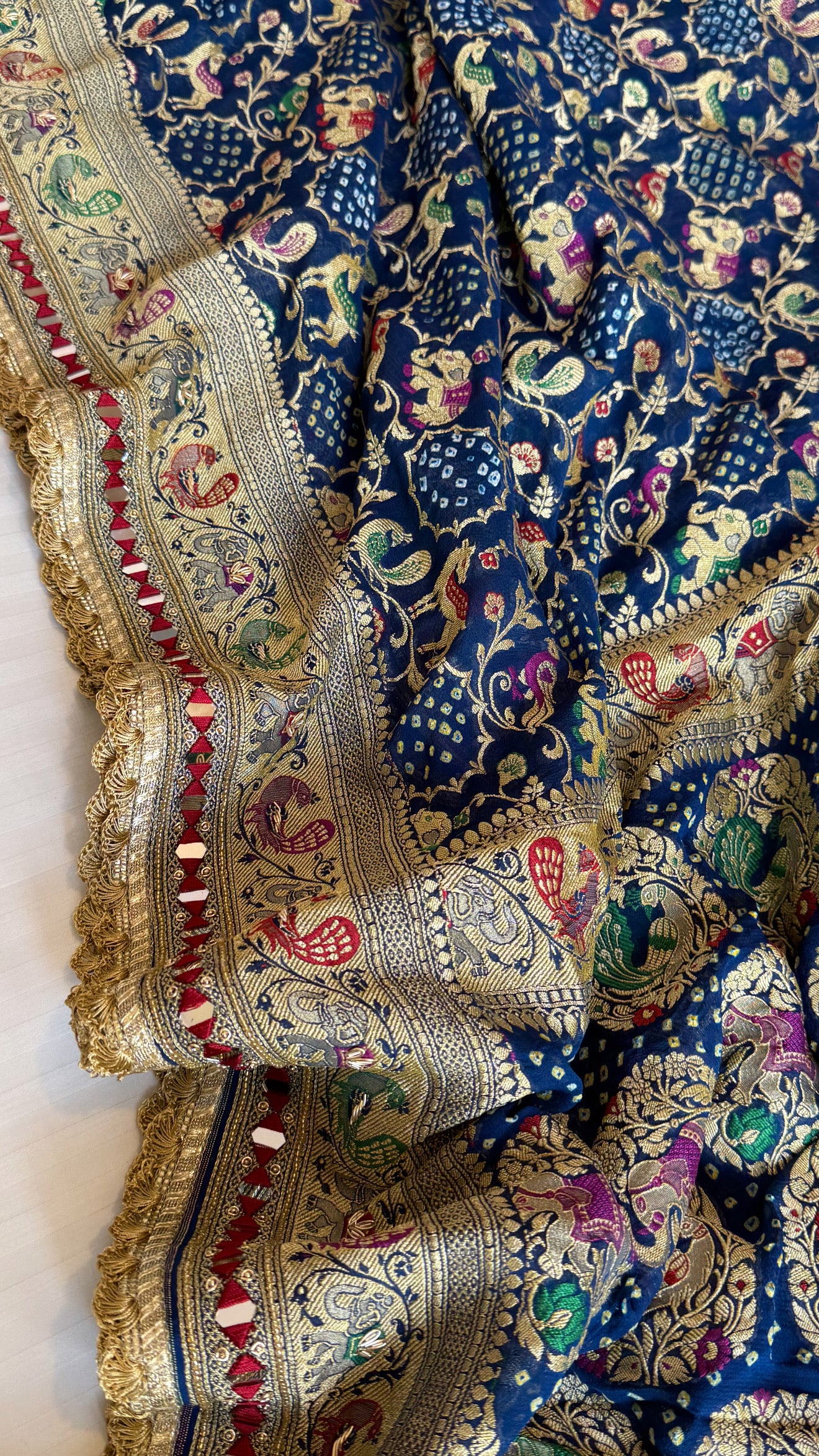 Mirror work banarasi bandhej shikargah motif heavy hand embroidered saree