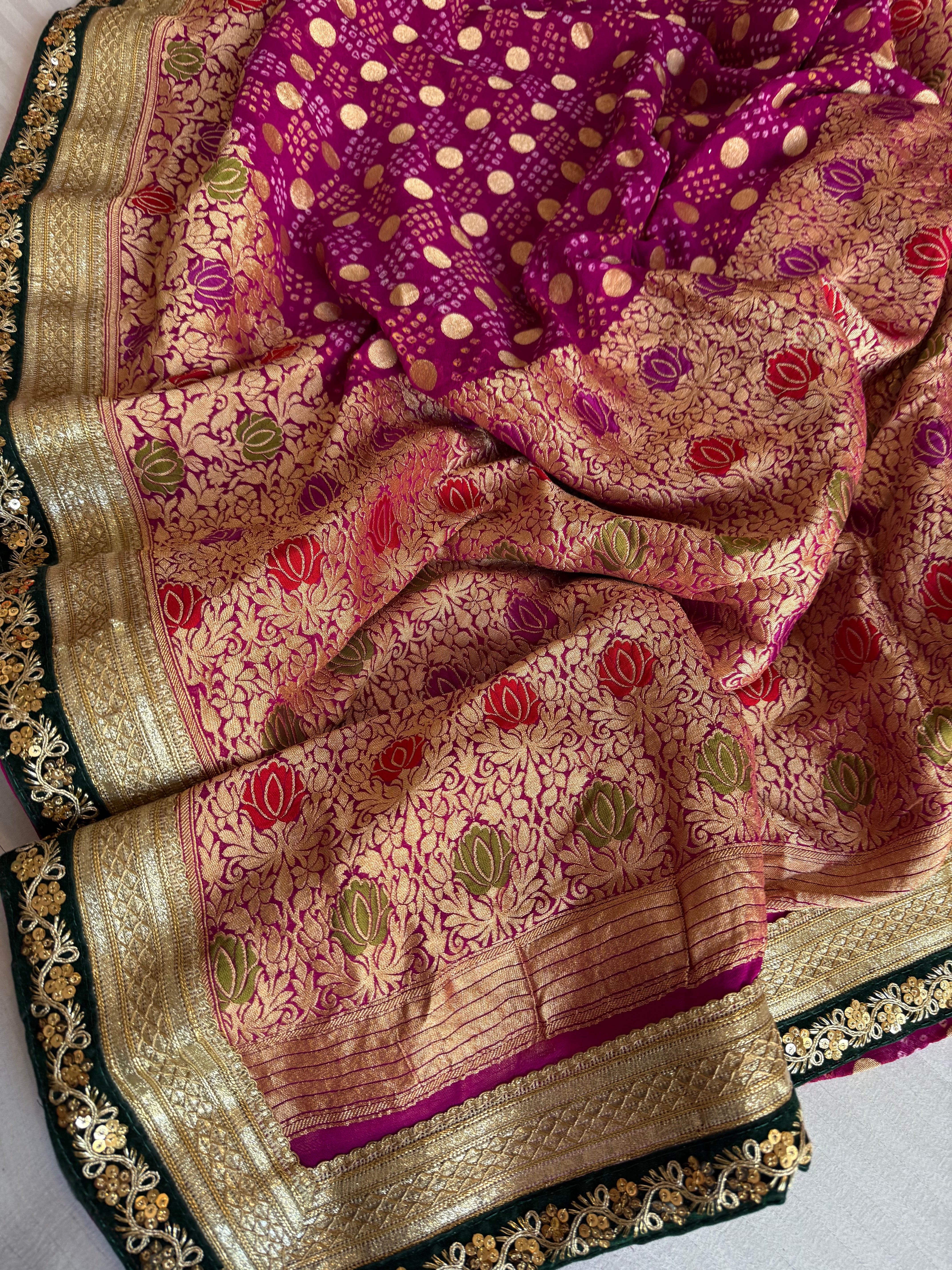 Magenta purple banarasi bandhej gorgette kadhwa meenakari saree