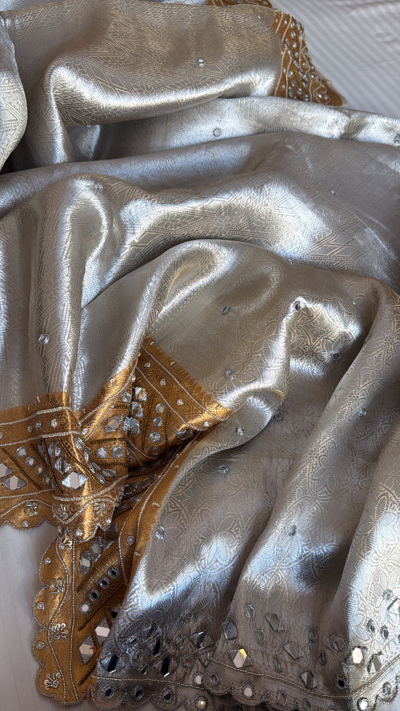 Kanjivaram inspired banarasi sona rupa weaving heavy zardozi and mirror work hand embroidered tissue saree