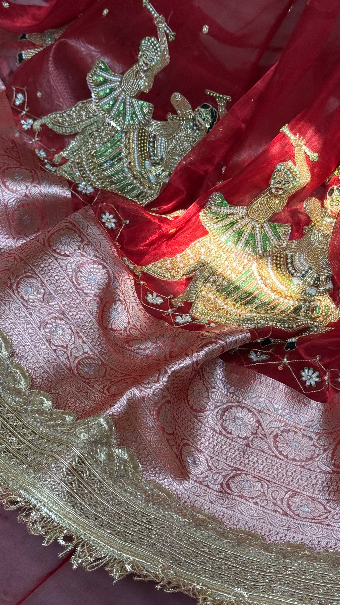 Dandiya wali laal saree - blood red garba theme hand embroidered kadhwa tissue silk saree