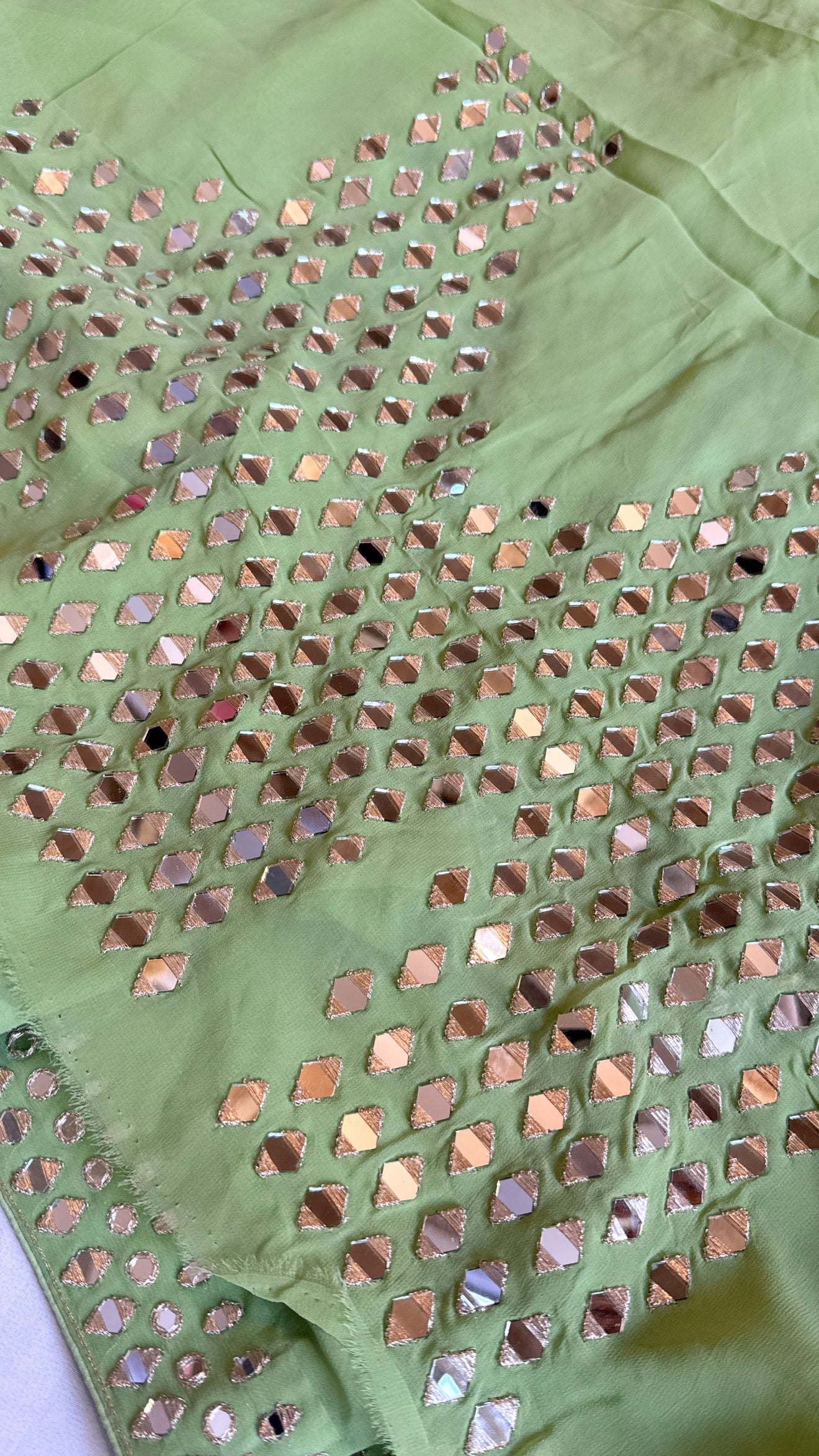 Mother’s Day offer - Candy green chiffon gorgette mirrorwork hand embroidered sarees