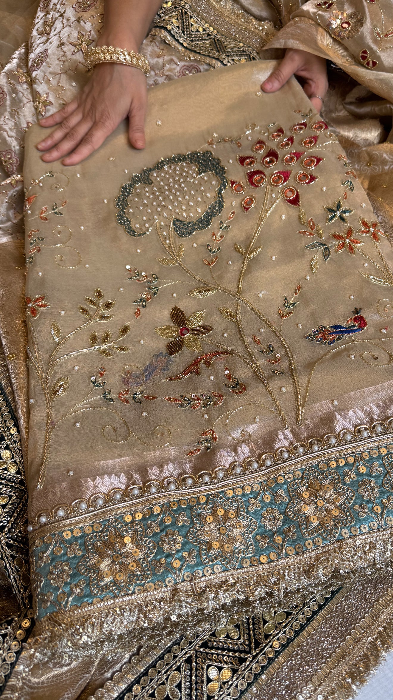 Kutchi inspired “sheesham edit” mirror work and meenakari hand embroidered saree