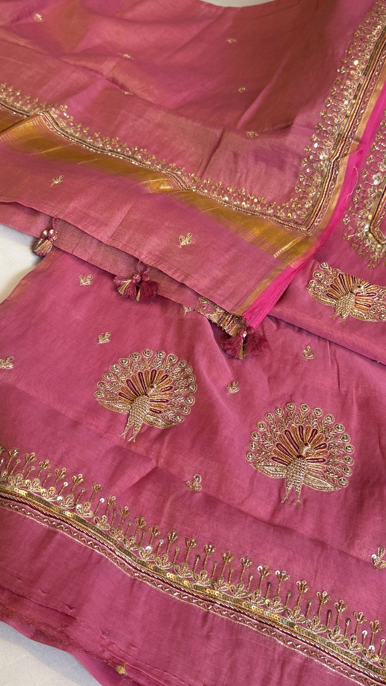 Candy pink mul cotton tissue silk hand embroidered kadhwa suit set