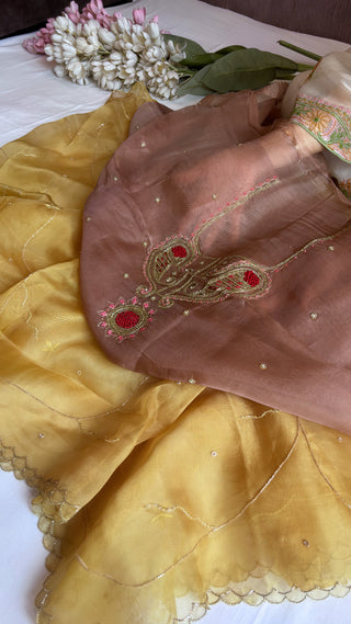 Husn rose gold-yellow shade kora silk hand embroidered suit set