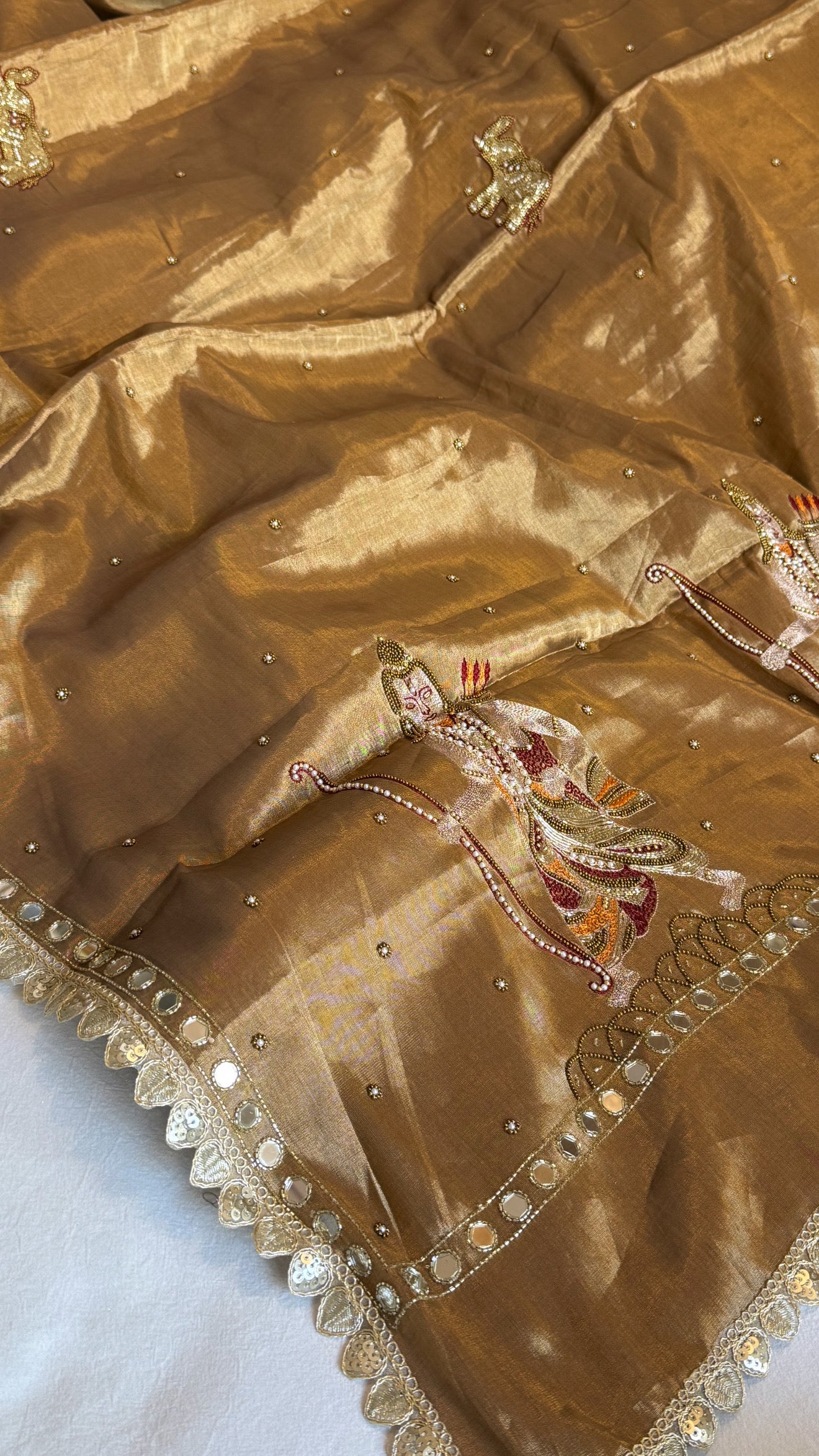 Satin tissue silk soft antique gold hand embroidered kadhwa saree