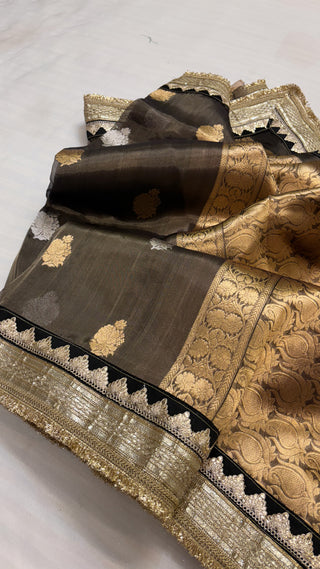 Maharani metallic grey tissue silk kadhwa buti saree