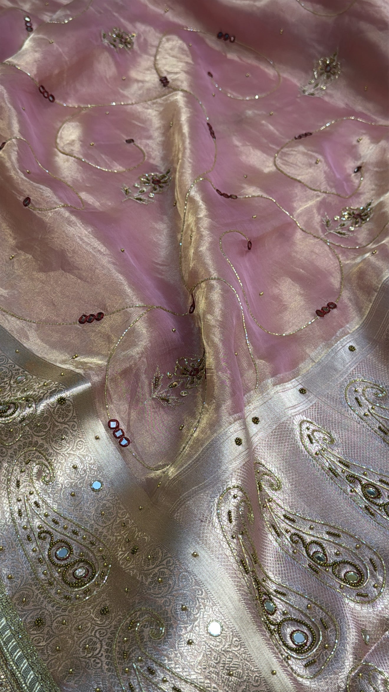 Blush pink tissue silk hand embroidered kadhwa saree