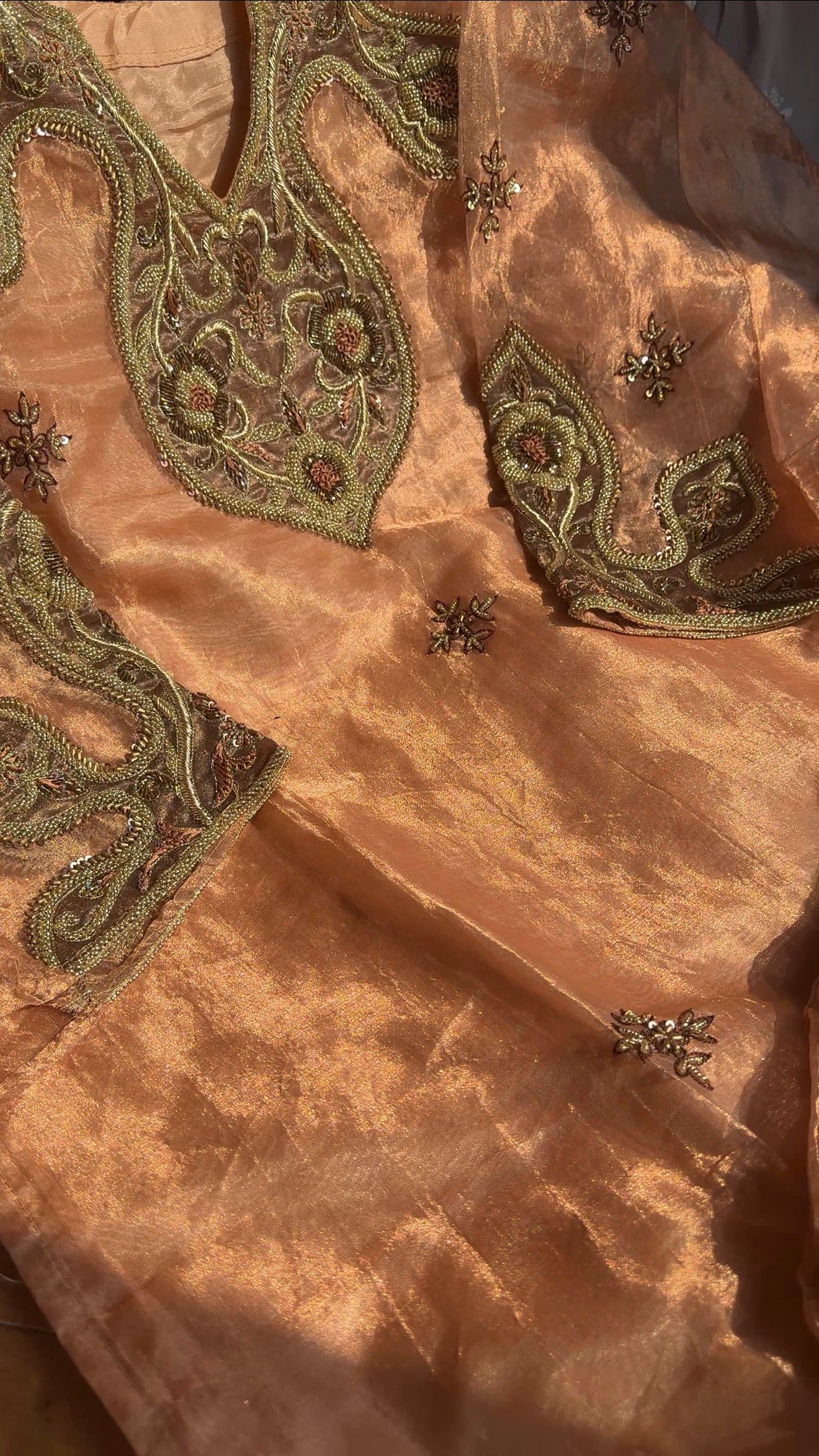 Pakeeza inspired copper tissue silk heavy zardozi work suit set