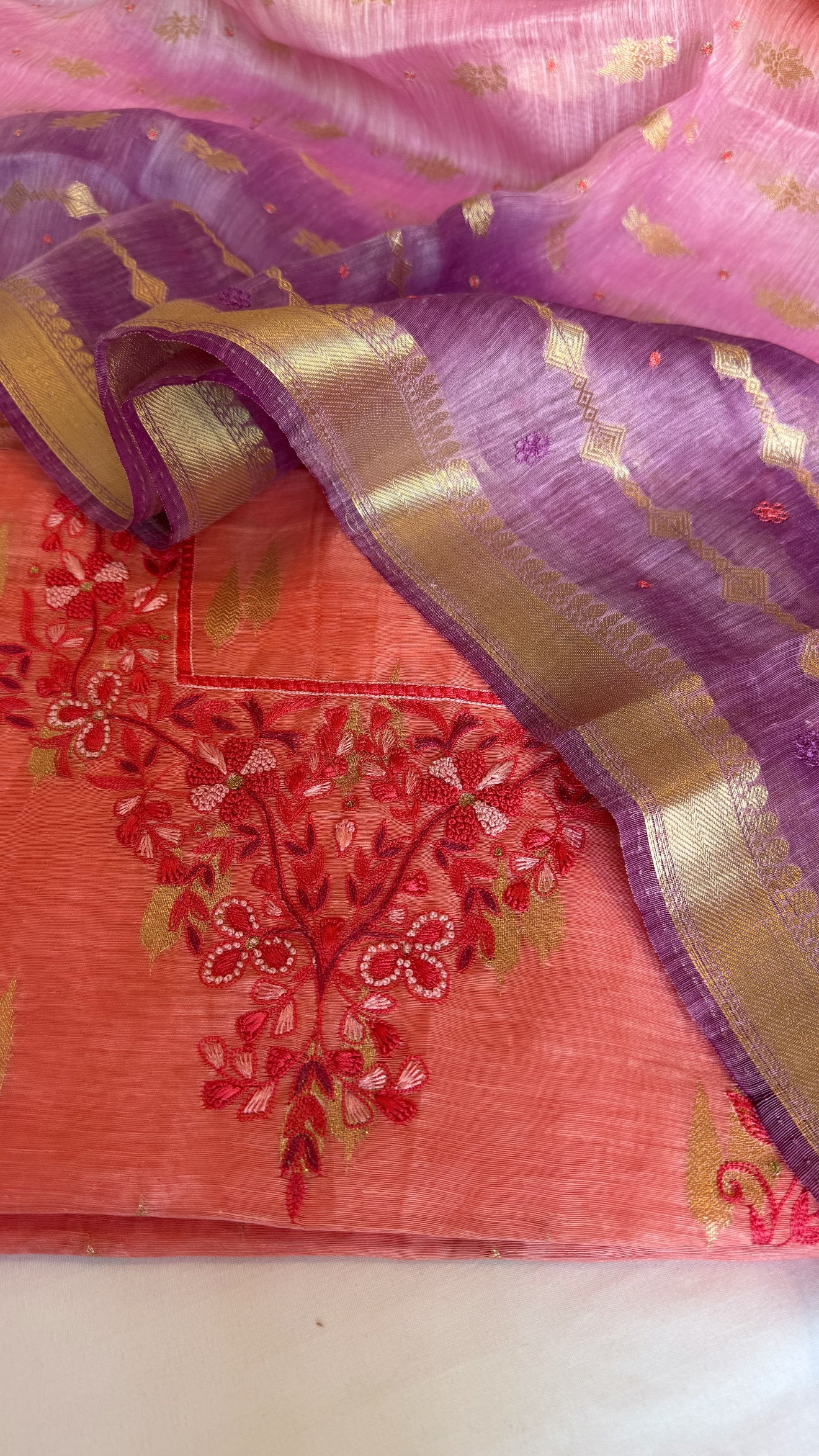 Peachish ombre shade linen gorgette resham hand embroidered suit set