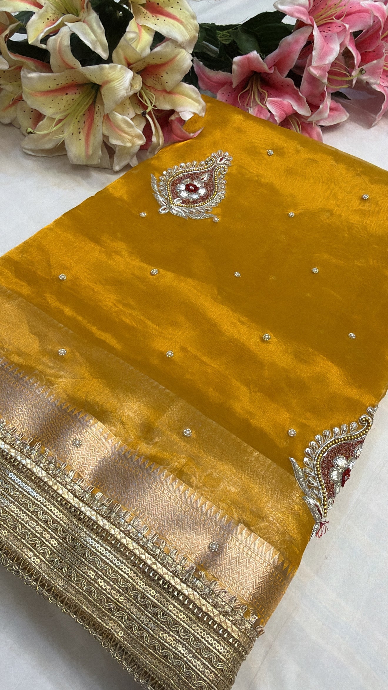 Kanjivaram haldi gold tissue silk hand embroidered meenakari buti kadhwa saree