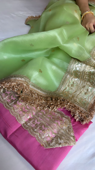 Pink-green kadhwa hand embroidered silk suit set from vyaah wala ghar edit