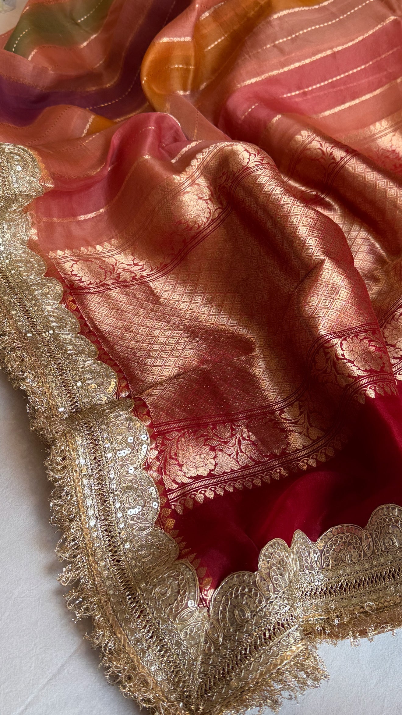 Rangeela kora silk rangkaat dye striped kadhwa banarasi saree