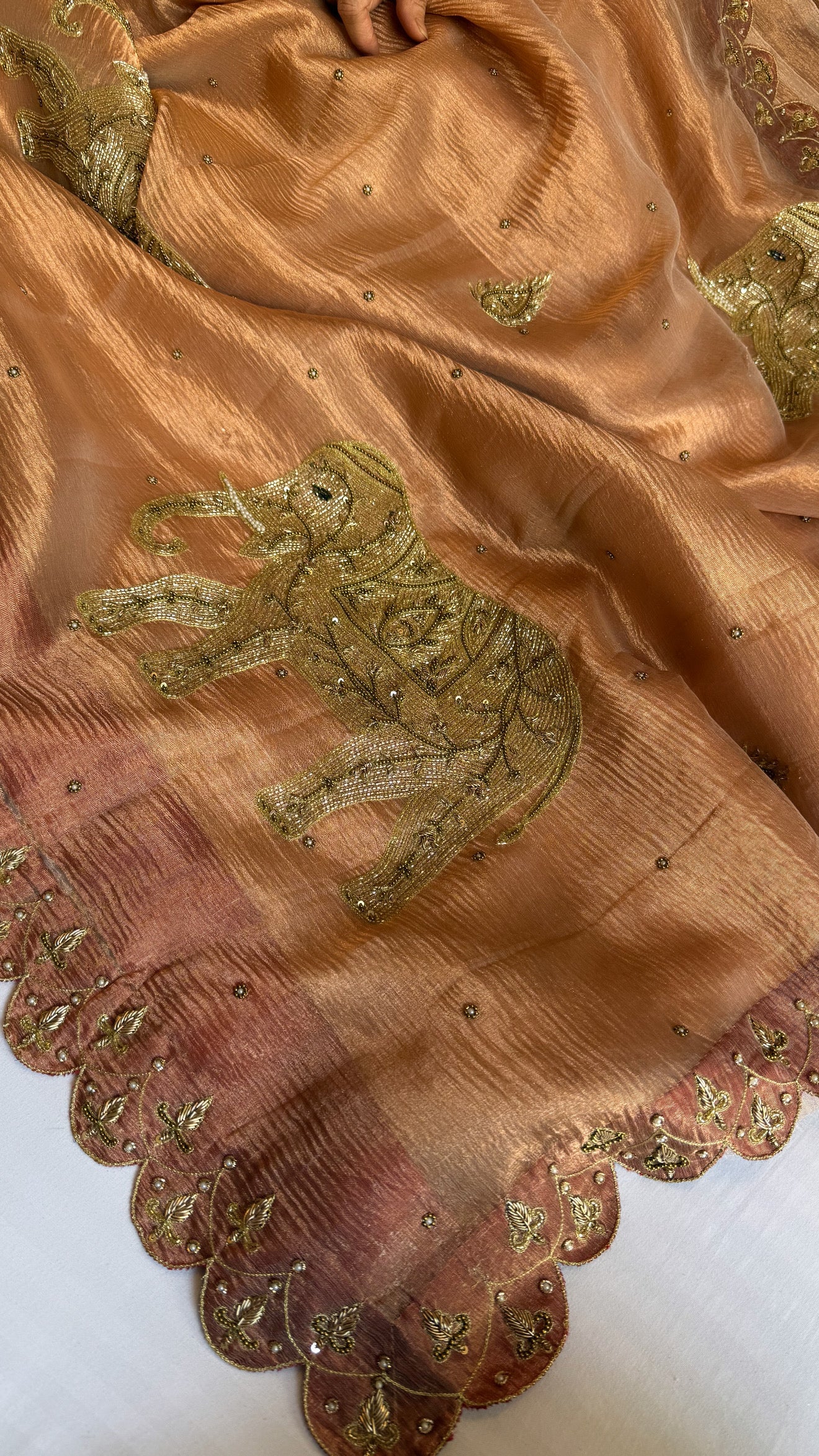 GajGamini copper crushed tissue silk elephant motif meenekari heavy hand embroidered saree