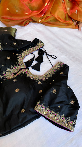 Sitara black katan silk hand embroidered blouse piece               SIZE - 36 to 38