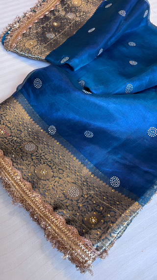 Sitara aqua blue tissue silk stonework saree