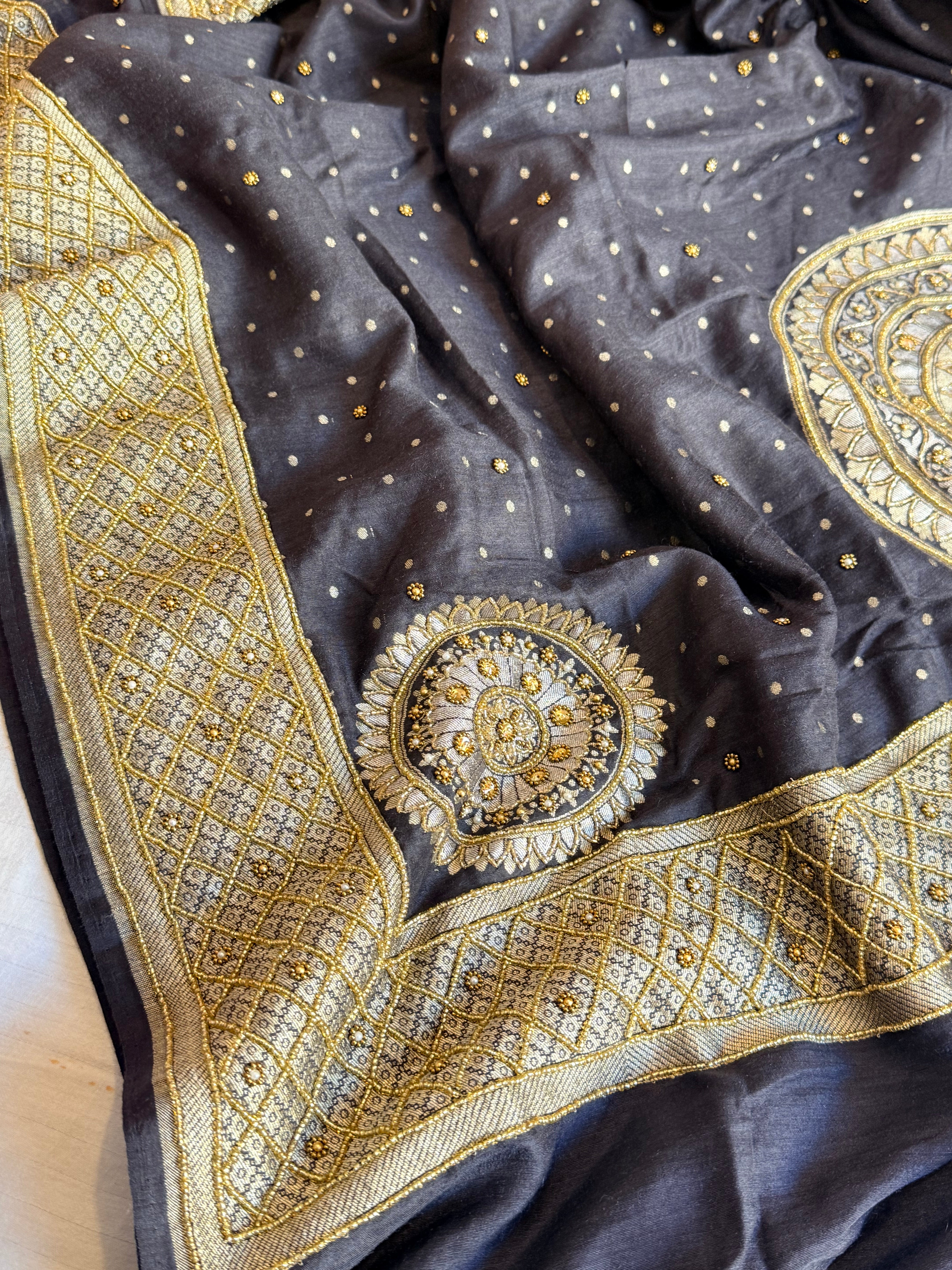 Banarasi moonga silk charcoal black hand embroidered kadhwa saree