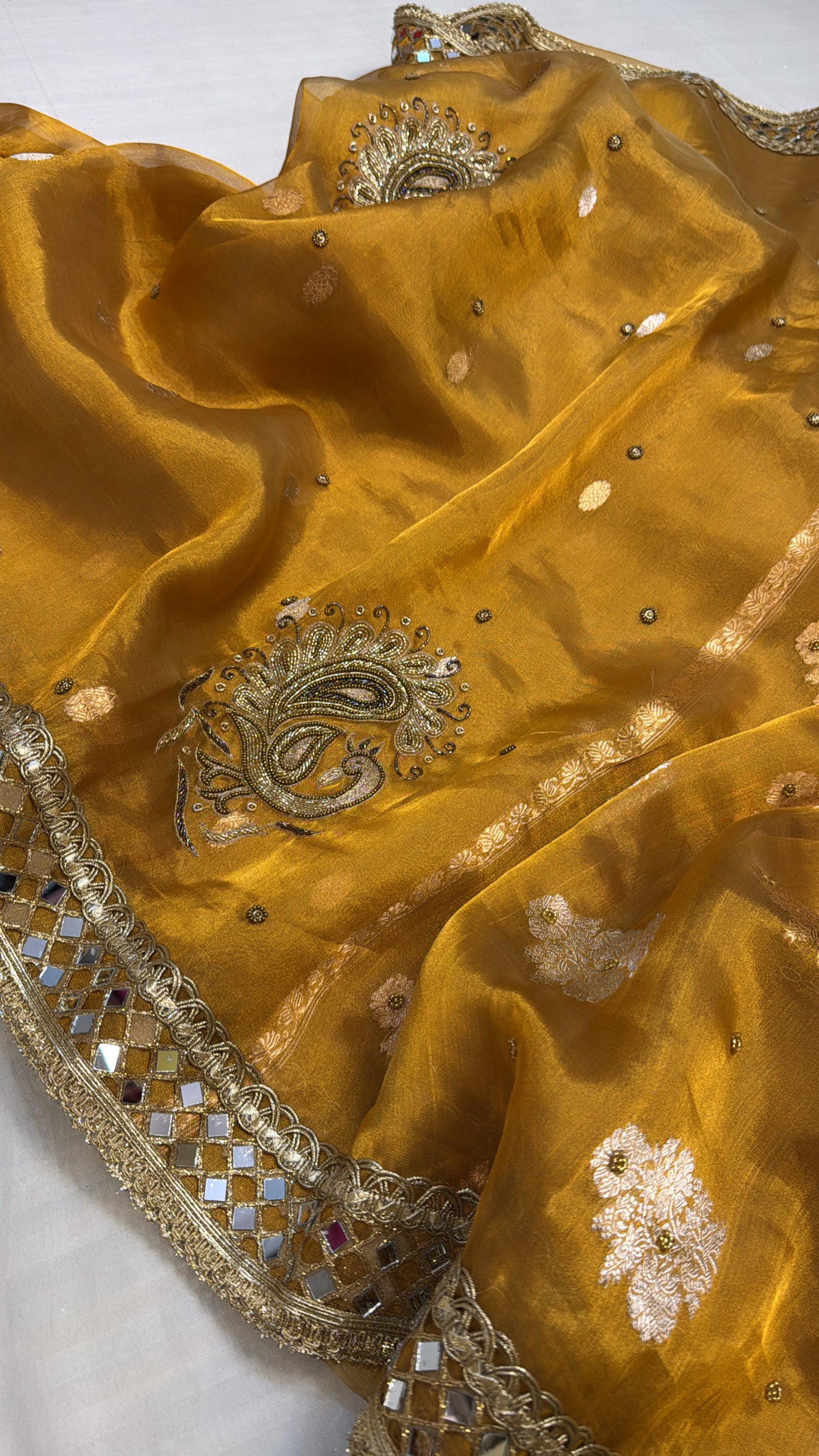 Dulhan wali saree - Olive mustard gold tissue silk hand embroidered saree