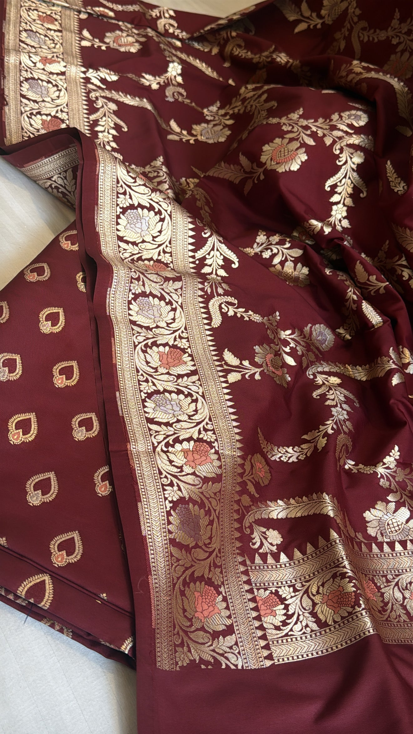 Deep maroonish red mashru satin silk meenakari suit set