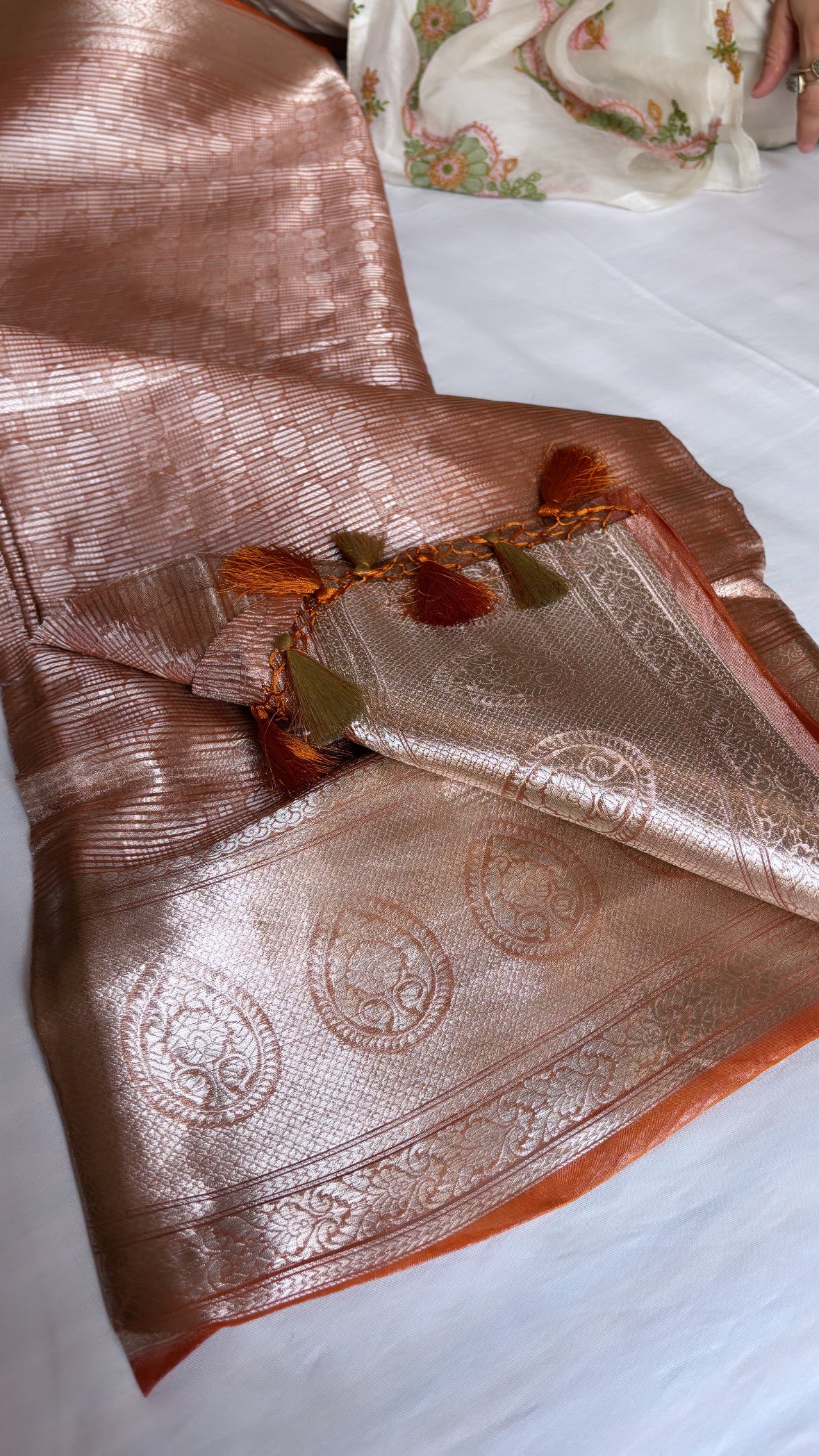 Tangerine orange tissue silk brocade kadhwa saree with crushed pallu