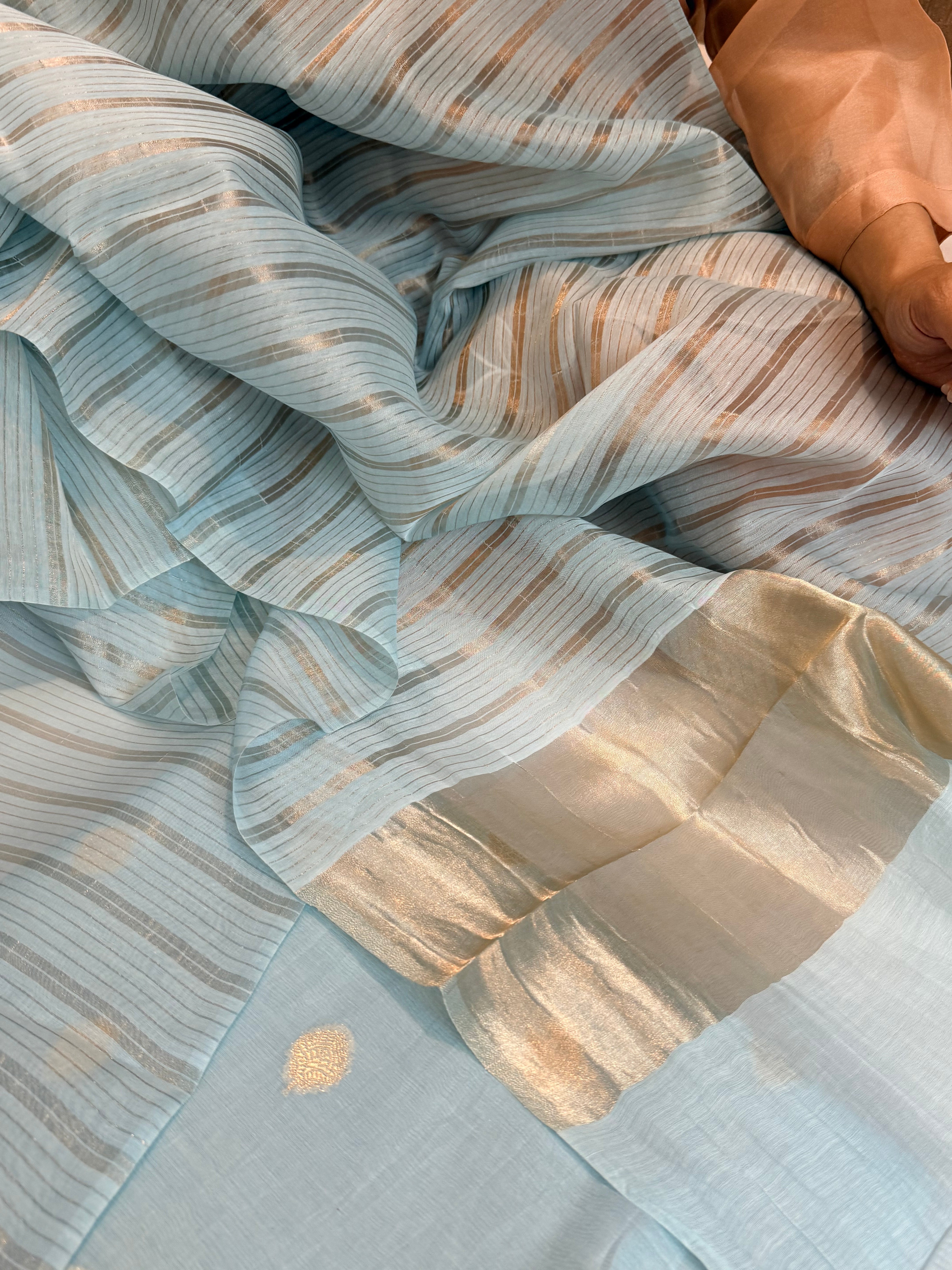 BELOW 8K - Ice blue zari cotton striped kadhwa buti banarasi suit set