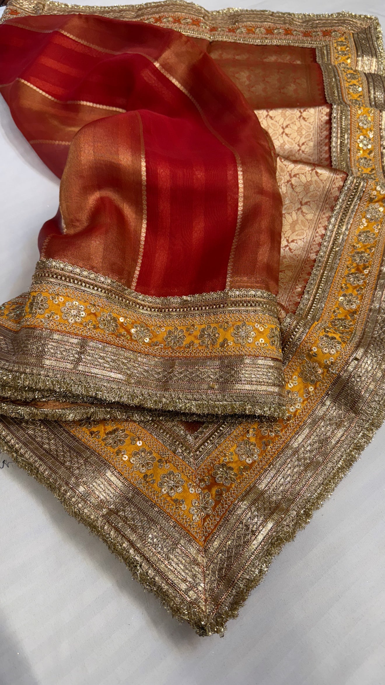 Maharani tomato red tissue silk kadhwa striped saree