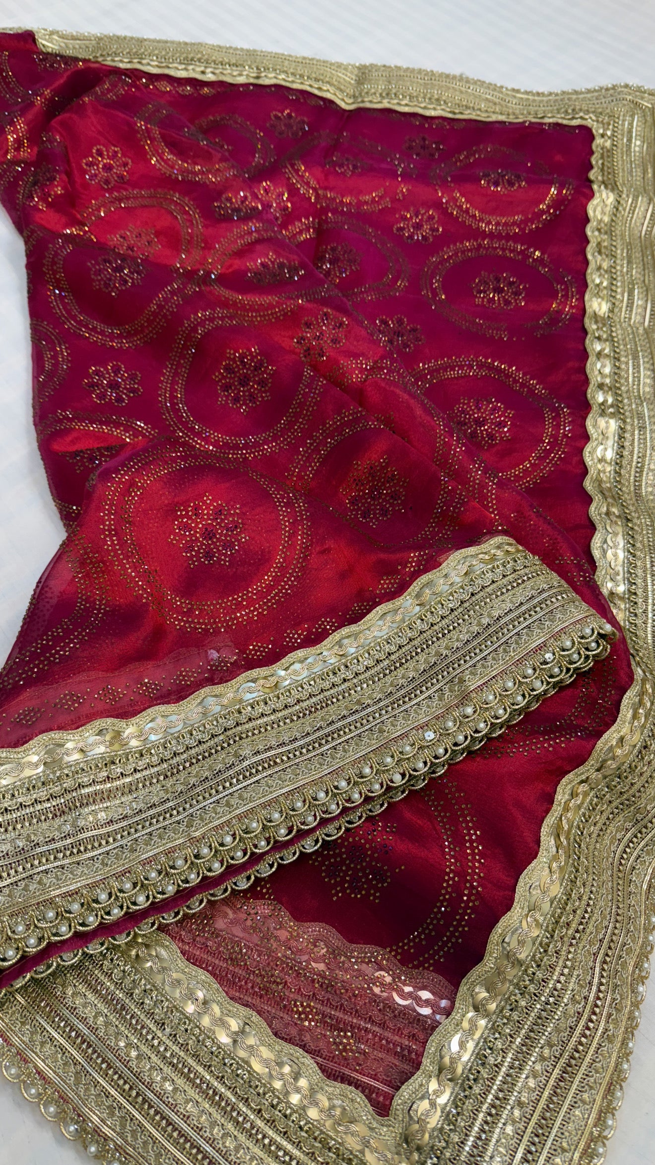 Sitara stonework cranberry red tissue silk gotapatti saree