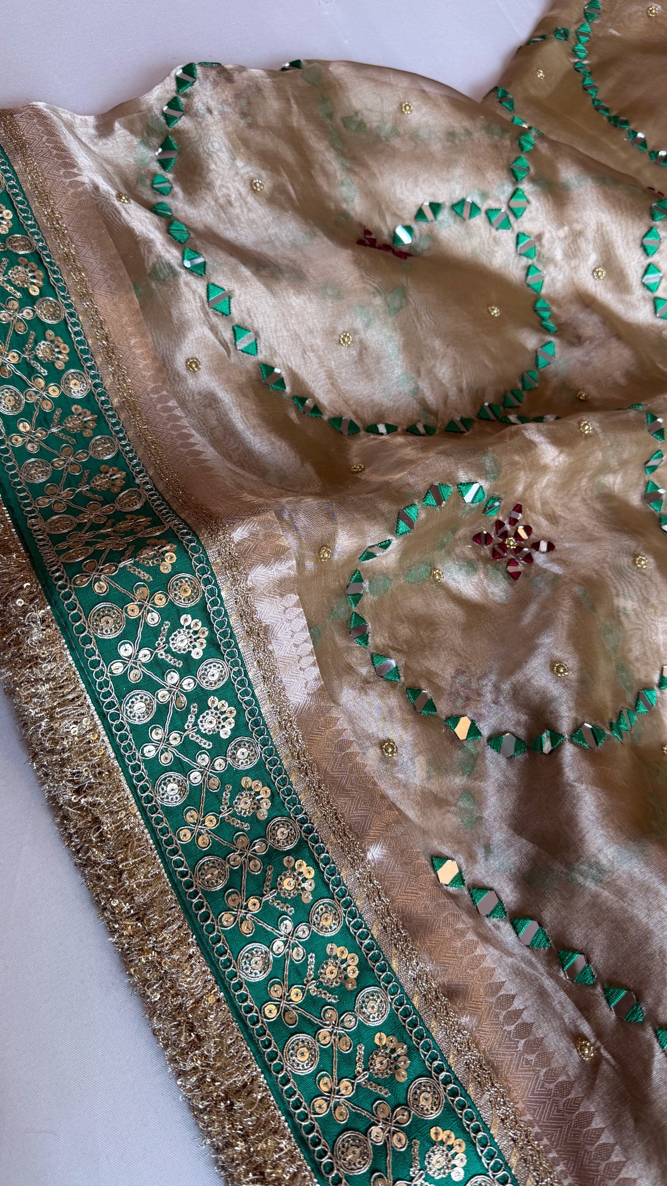 Sheesham edit - Heavy double tissue silk mirror work hand embroidered saree