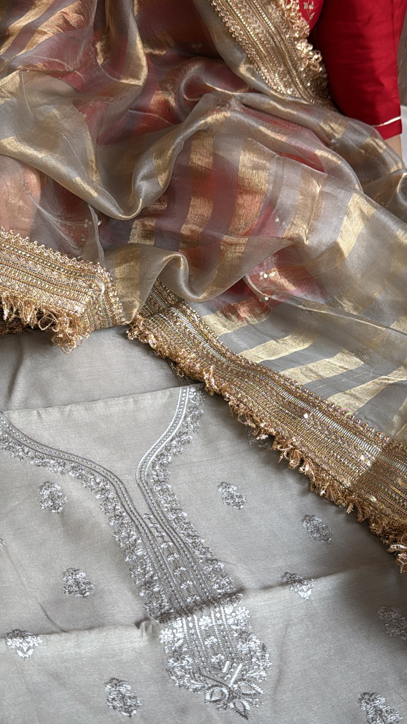 Banarasi cotton silk hand embroidered kurta paired with kora tissue striped duppata set