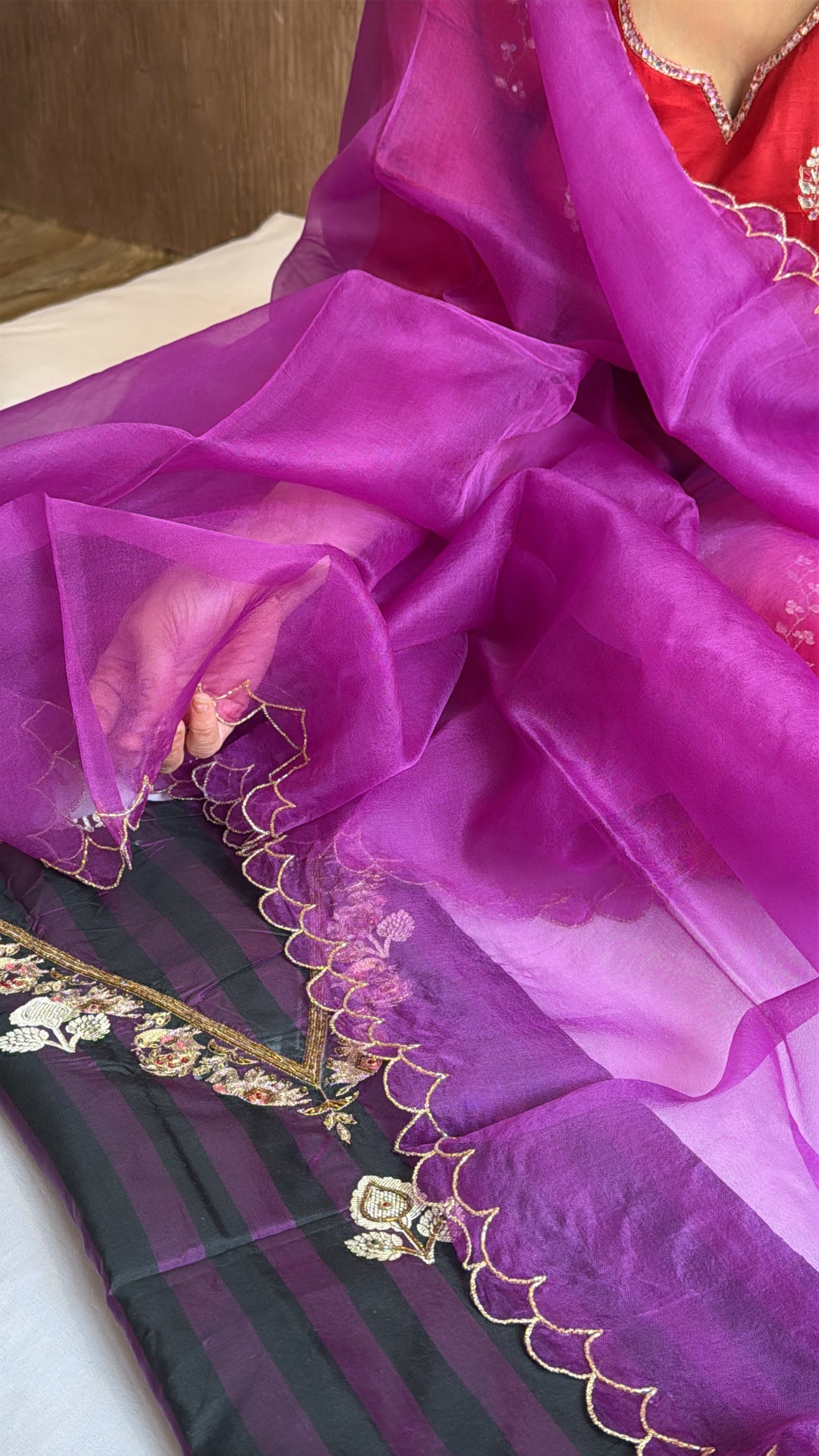 Grapewine purple-black dhup chao effect katan silk kurta paired with kora silk scalloped duppata set