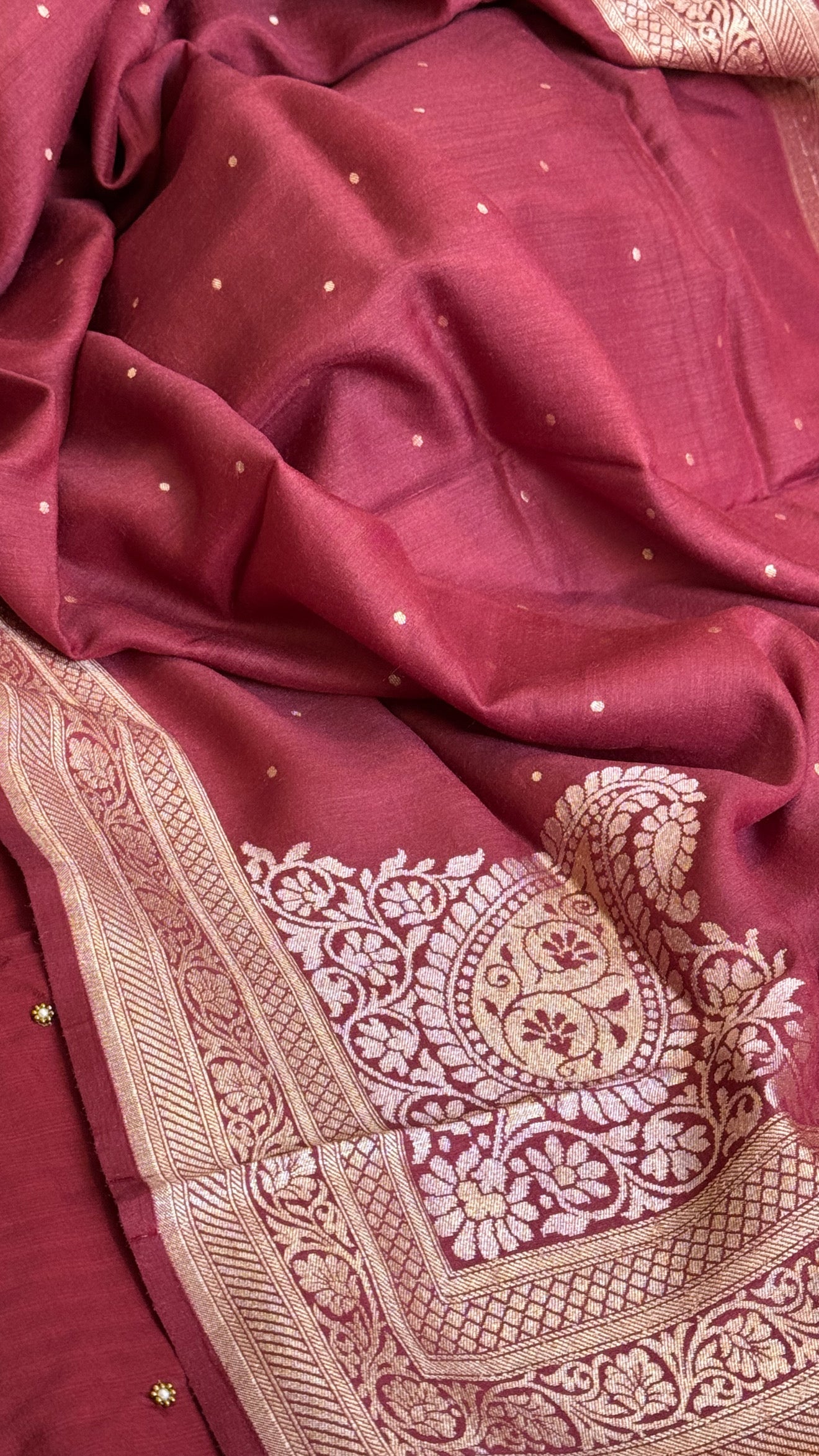 Sheesham maroon mirror work katan silk kadhwa hand embroidered suit set