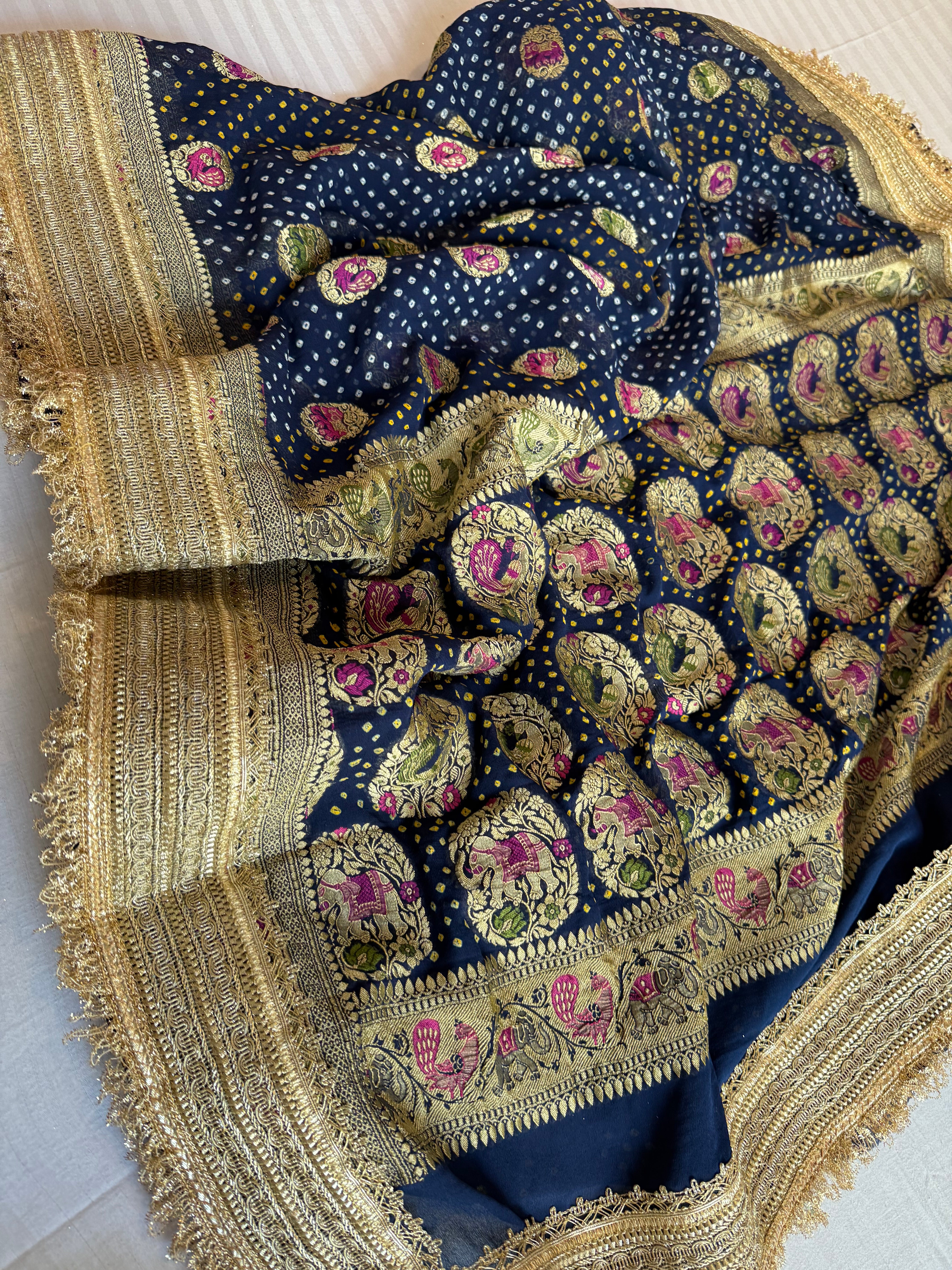 Persian blue banarasi gorgette kadhwa meenakari bandhej saree