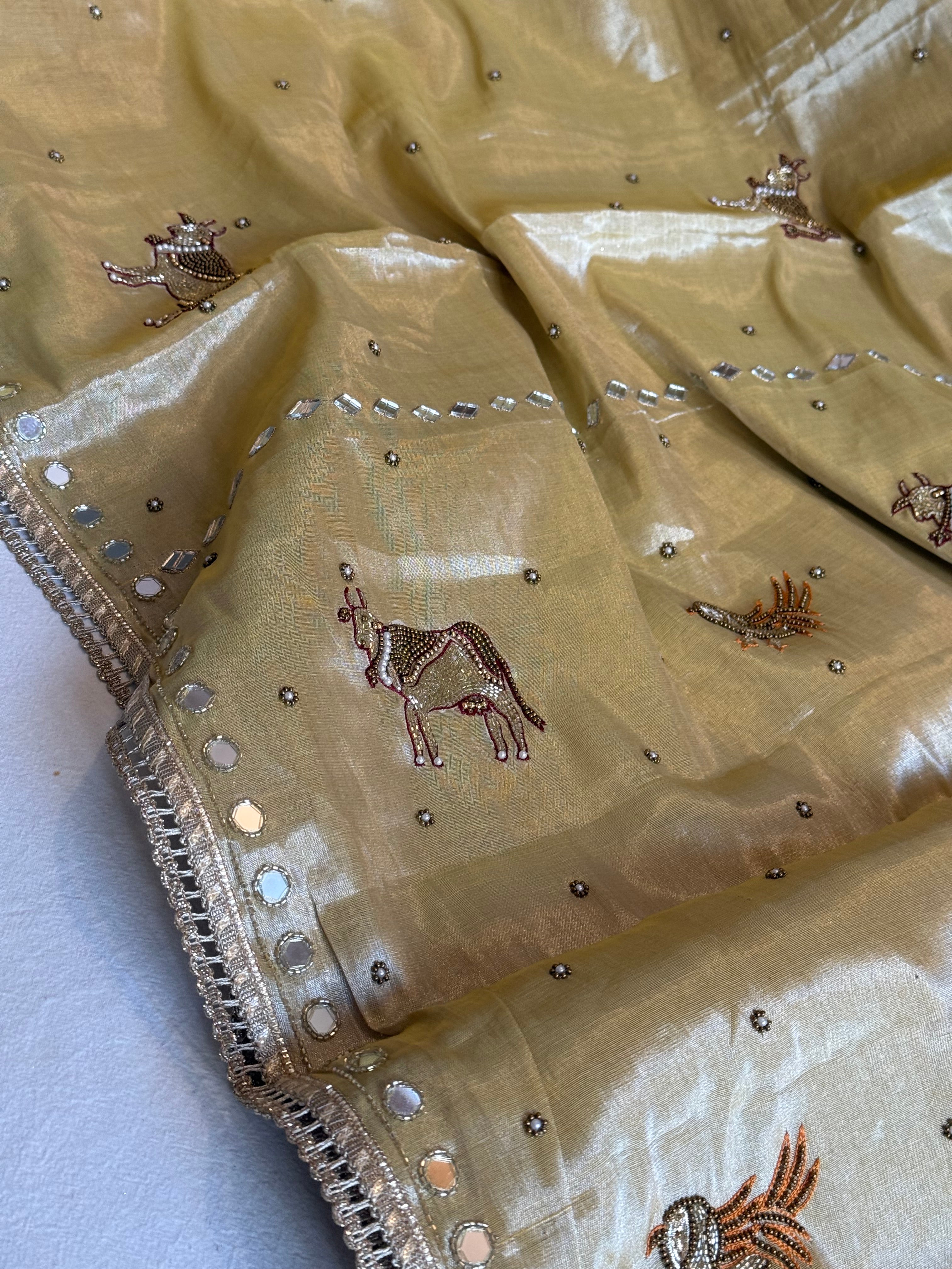 Satin tissue silk ivory gold hand embroidered kadhwa banarasi saree