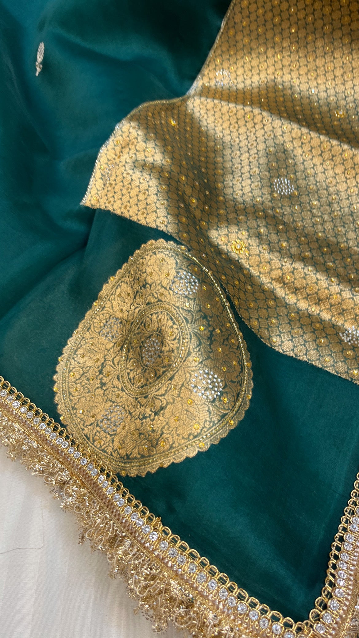 Bottle green sitara stonework kora silk saree