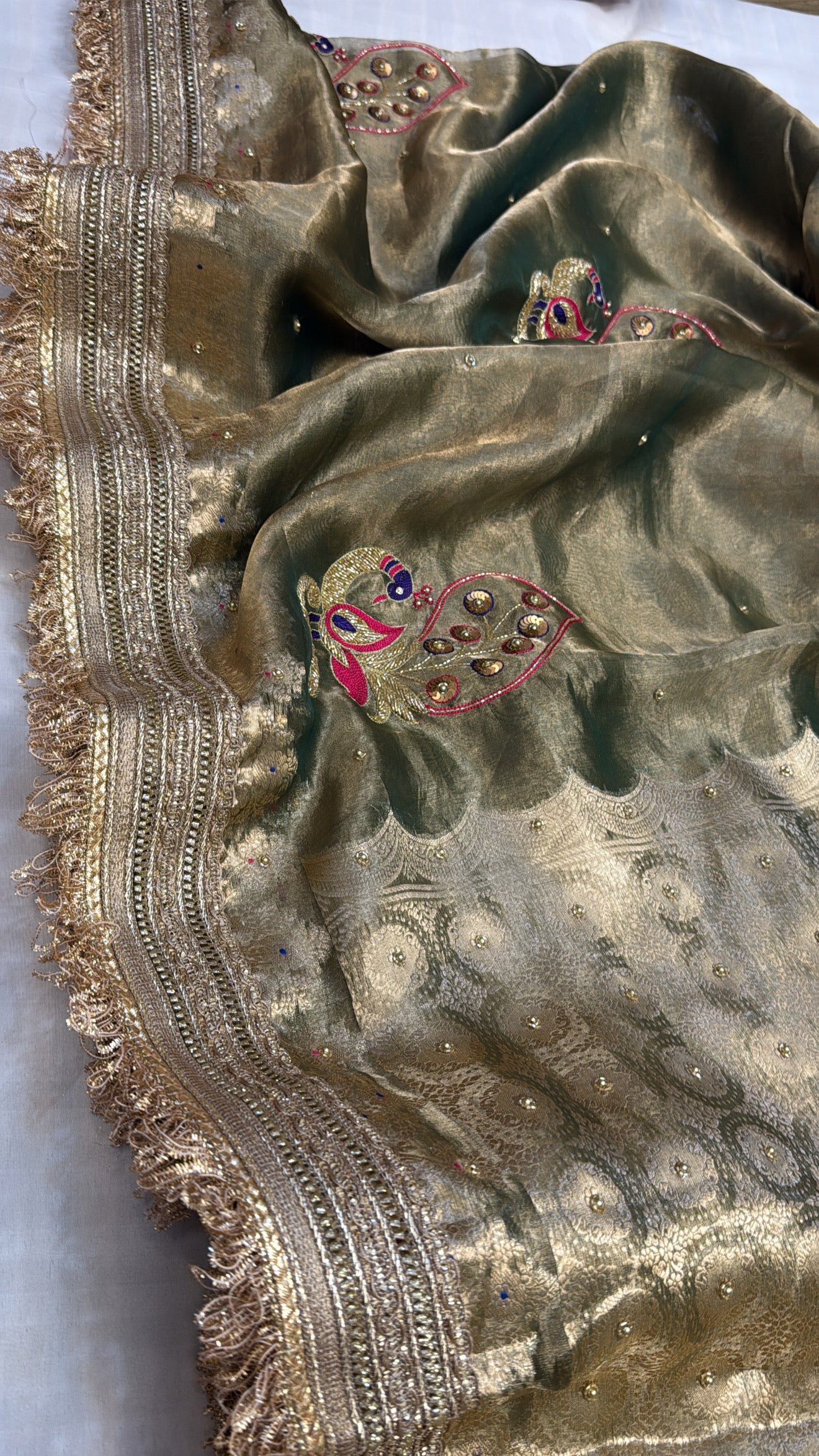 Mint green tissue silk heavy hand embroidered kadhwa saree